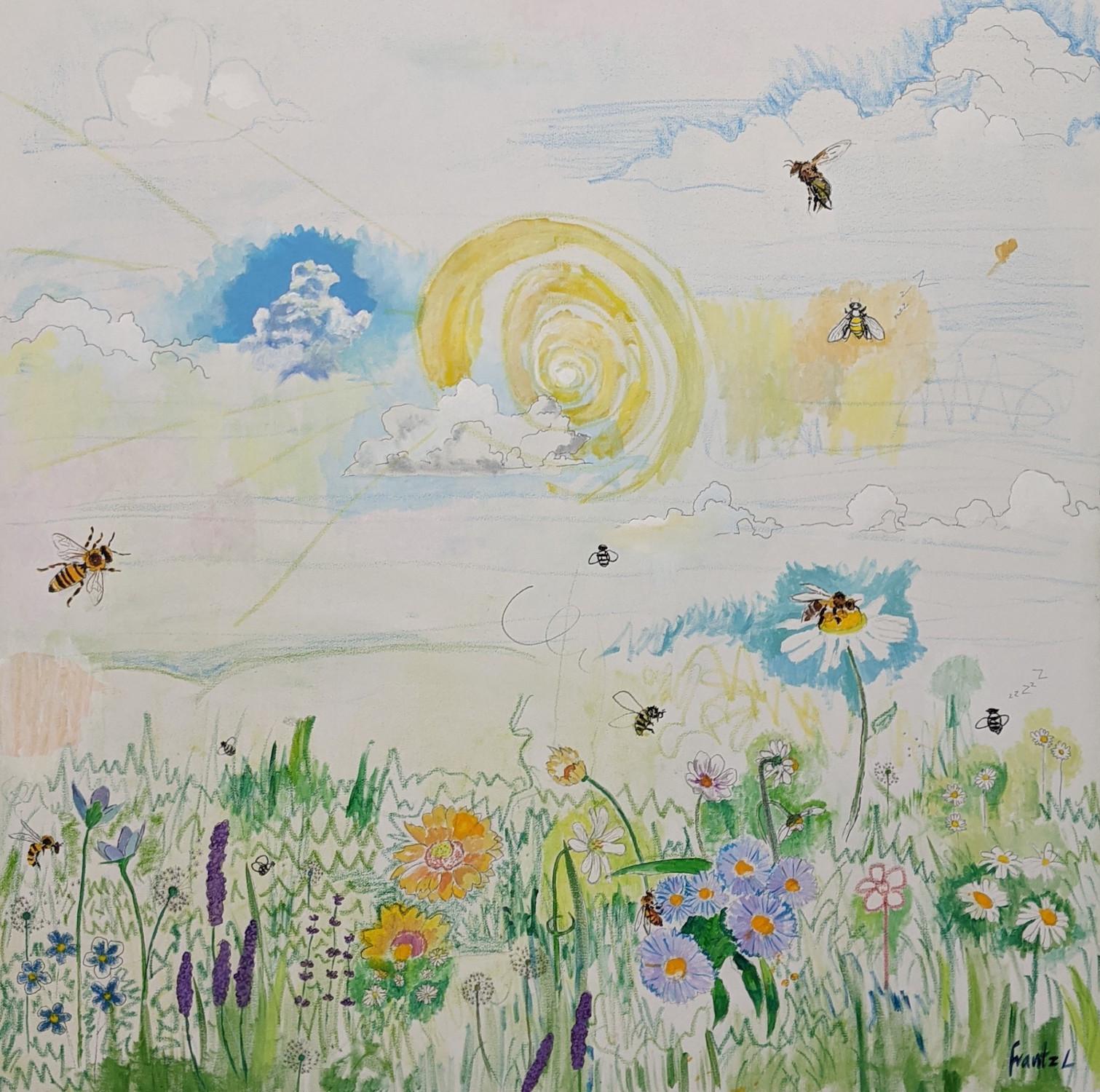 Frantz Lexy Landscape Painting - "The bees, the bees, the bees", landscape, flowers, white, mixed media, painting