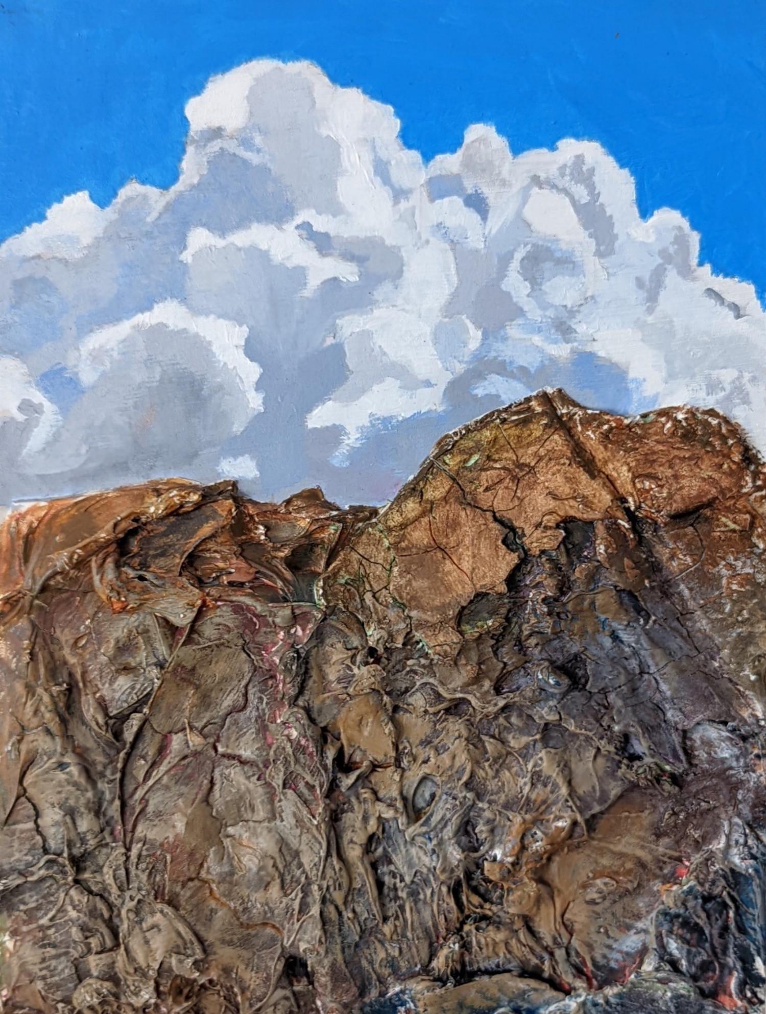 "The sky is bluer on the other side", acrylic, landscape, mountain, blue, brown - Painting by Frantz Lexy