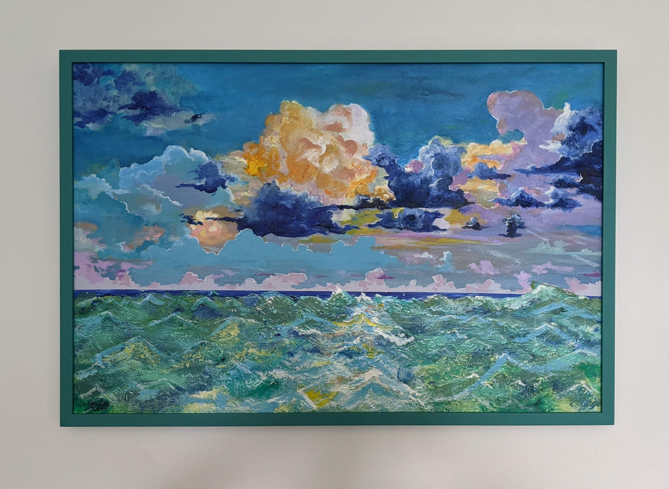 « Troubled Waters », paysage marin, vagues, bleu, violet, jaune, peinture à l'acrylique - Painting de Frantz Lexy