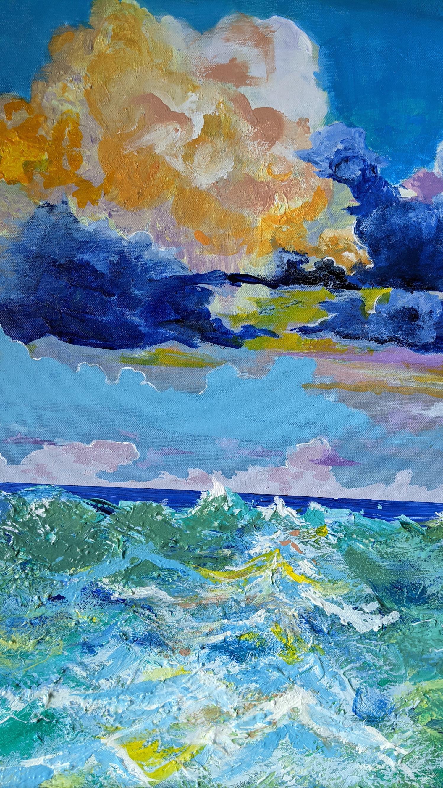 « Troubled Waters », paysage marin, vagues, bleu, violet, jaune, peinture à l'acrylique - Contemporain Painting par Frantz Lexy