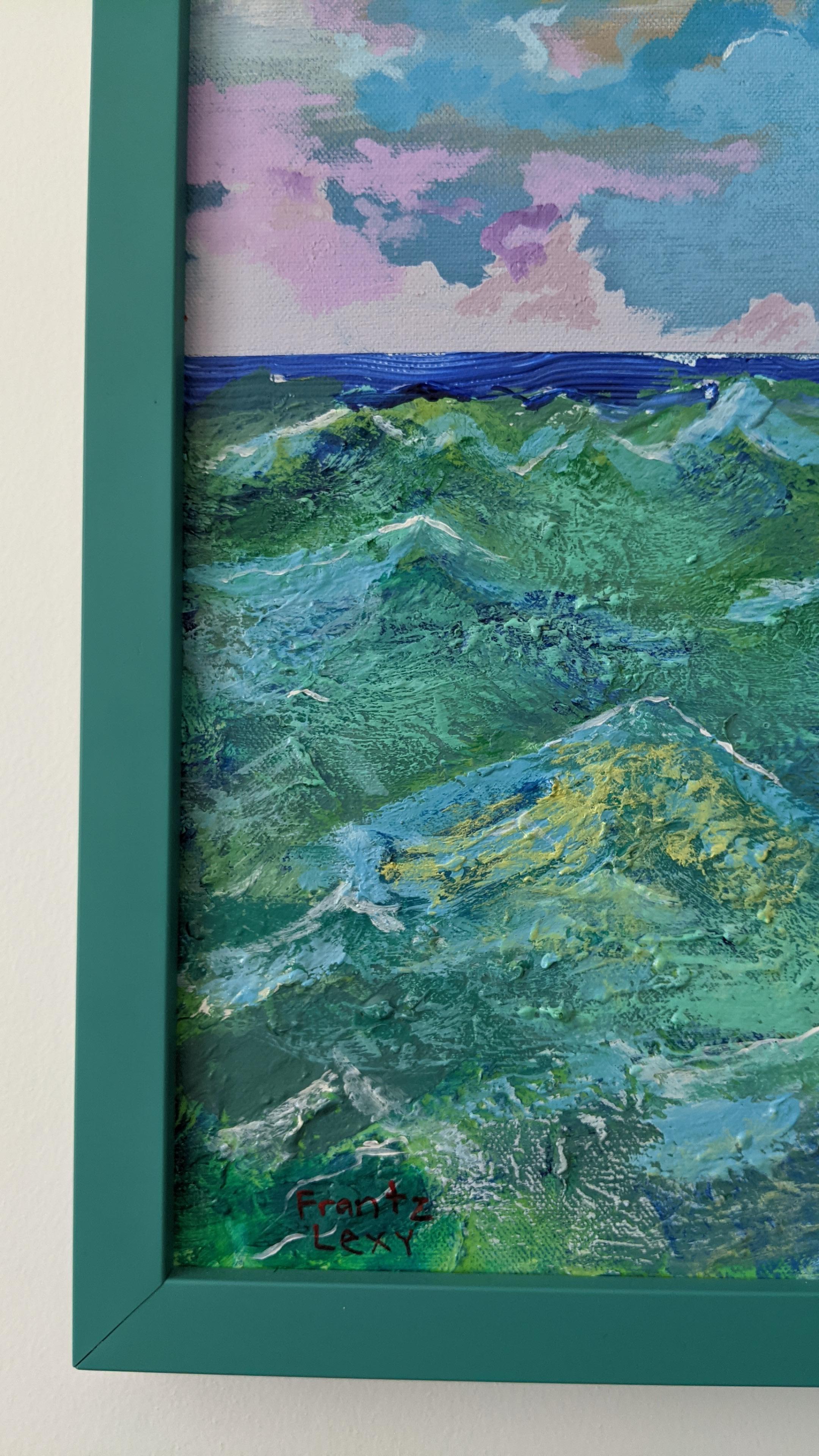 « Troubled Waters », paysage marin, vagues, bleu, violet, jaune, peinture à l'acrylique - Bleu Landscape Painting par Frantz Lexy
