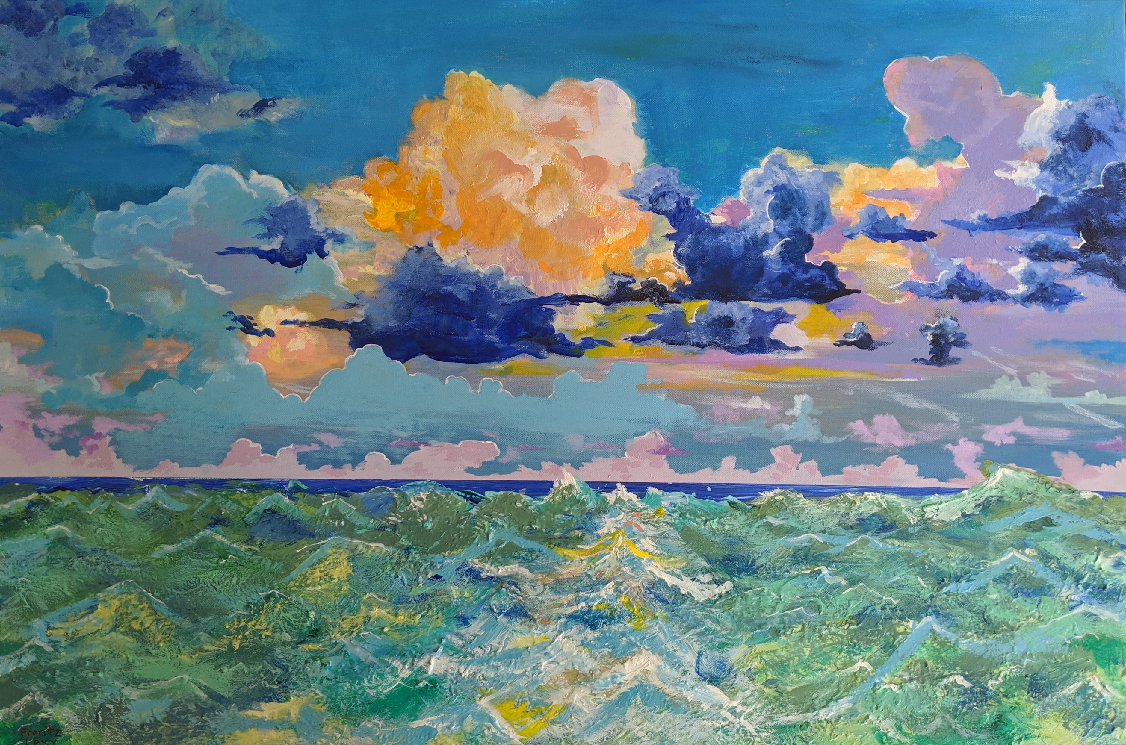 Landscape Painting Frantz Lexy - « Troubled Waters », paysage marin, vagues, bleu, violet, jaune, peinture à l'acrylique
