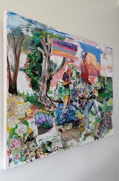 "While the world burns", acrylic, oil, landscape, dog, garden, blue, red, green
