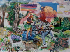 « Alors que le monde brûle », acrylique, huile, paysage, chien, jardin, bleu, rouge, vert