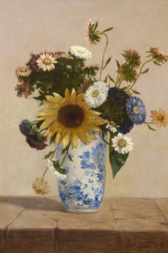 "Wildflowers in a Chinese Vase," Still Life, Impressionism, European, Oil