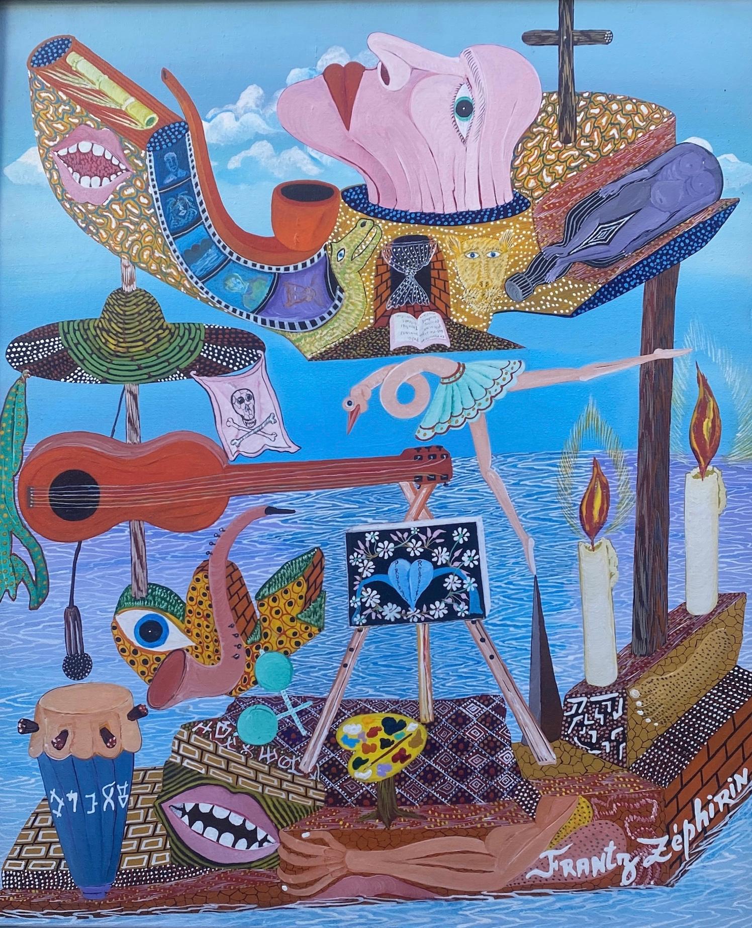 Visionary Vaudou Surrealism Large Contemporary Haitian Painting (Blau), Abstract Painting, von Frantz Zephirin 