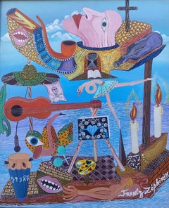 Visionärer Vaudou Surrealismus Großes zeitgenössisches haitianisches Gemälde