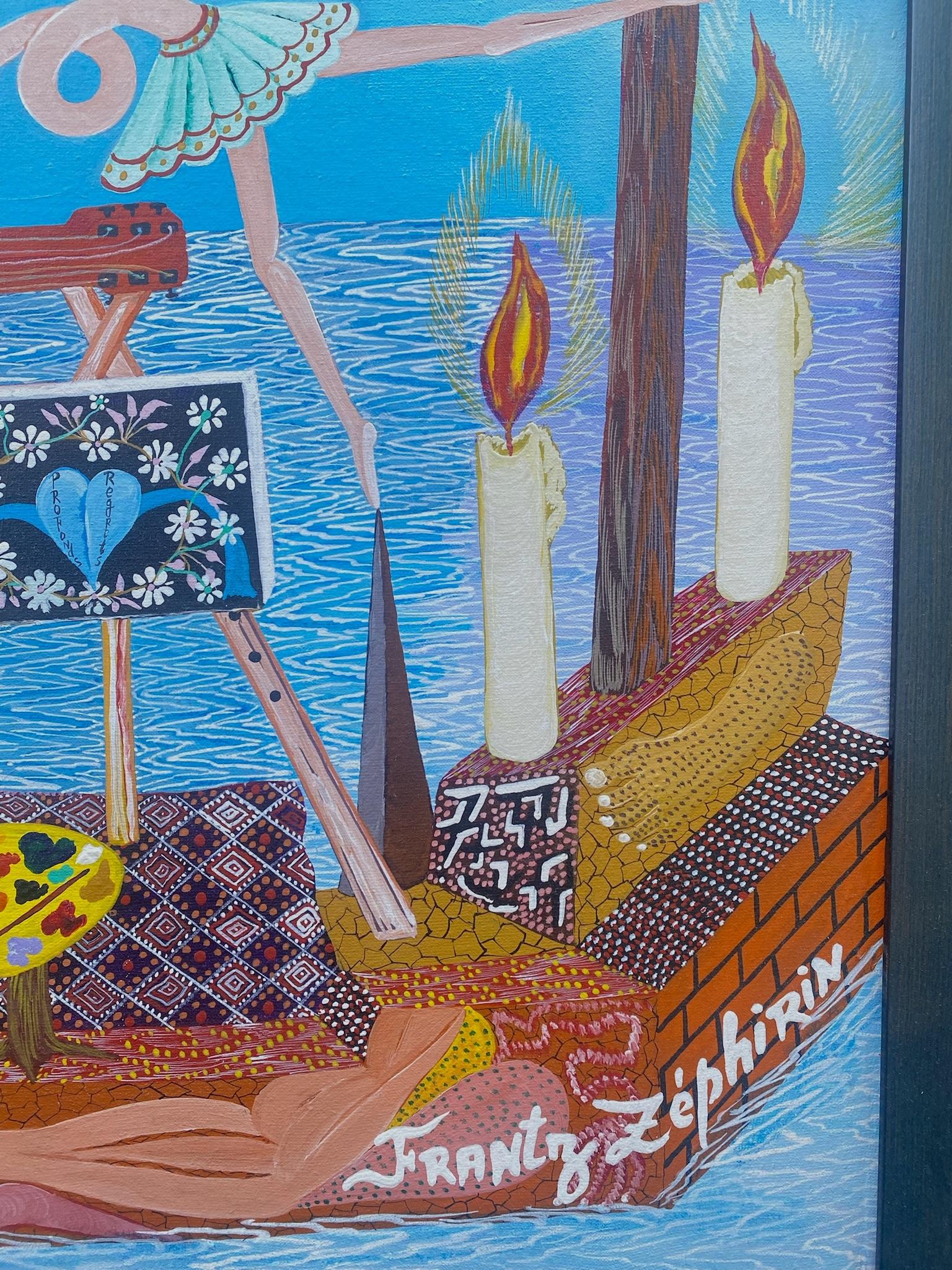 Ein faszinierendes Acrylbild auf Leinwand von Franz Zephirin, dem weltbekannten haitianischen Meister der Gegenwart. Zephirin, der für seinen höchst originellen Stil gefeiert wird, ist eine Schlüsselfigur der modernen karibischen Kunst. Er ist