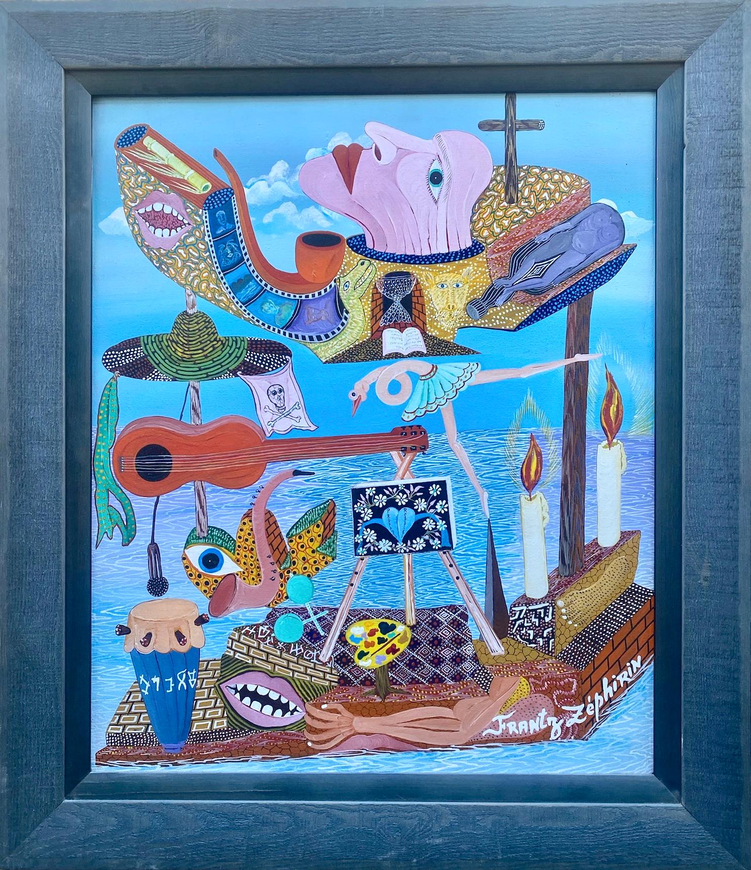 Frantz Zephirin  Abstract Painting – Visionary Vaudou Surrealism Large Contemporary Haitian Painting