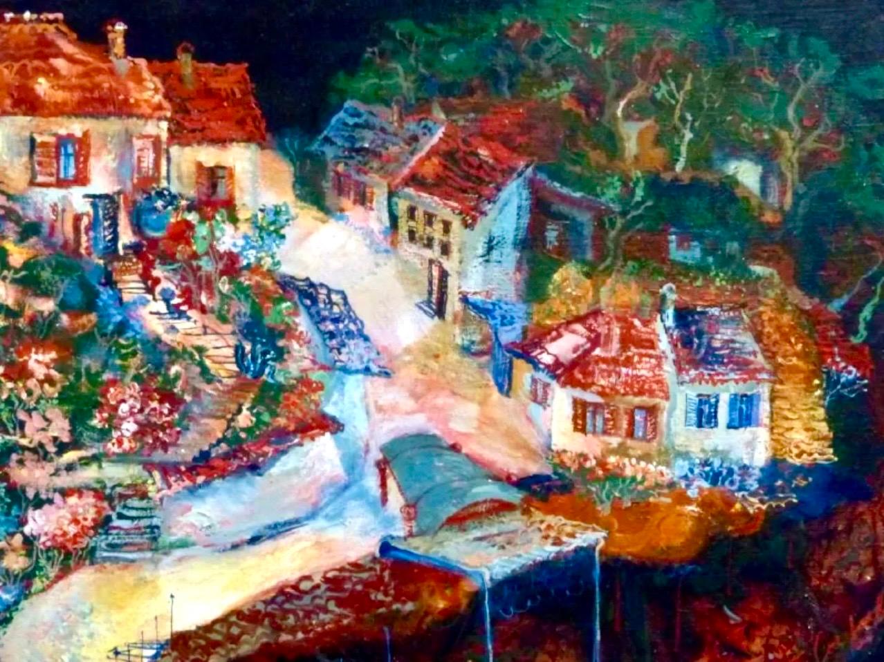 Österreichisches magisches realistisches Ölgemälde, lebhafte Dorflandschaftsssszene, Franz Coufal, Franz Coufal im Angebot 5