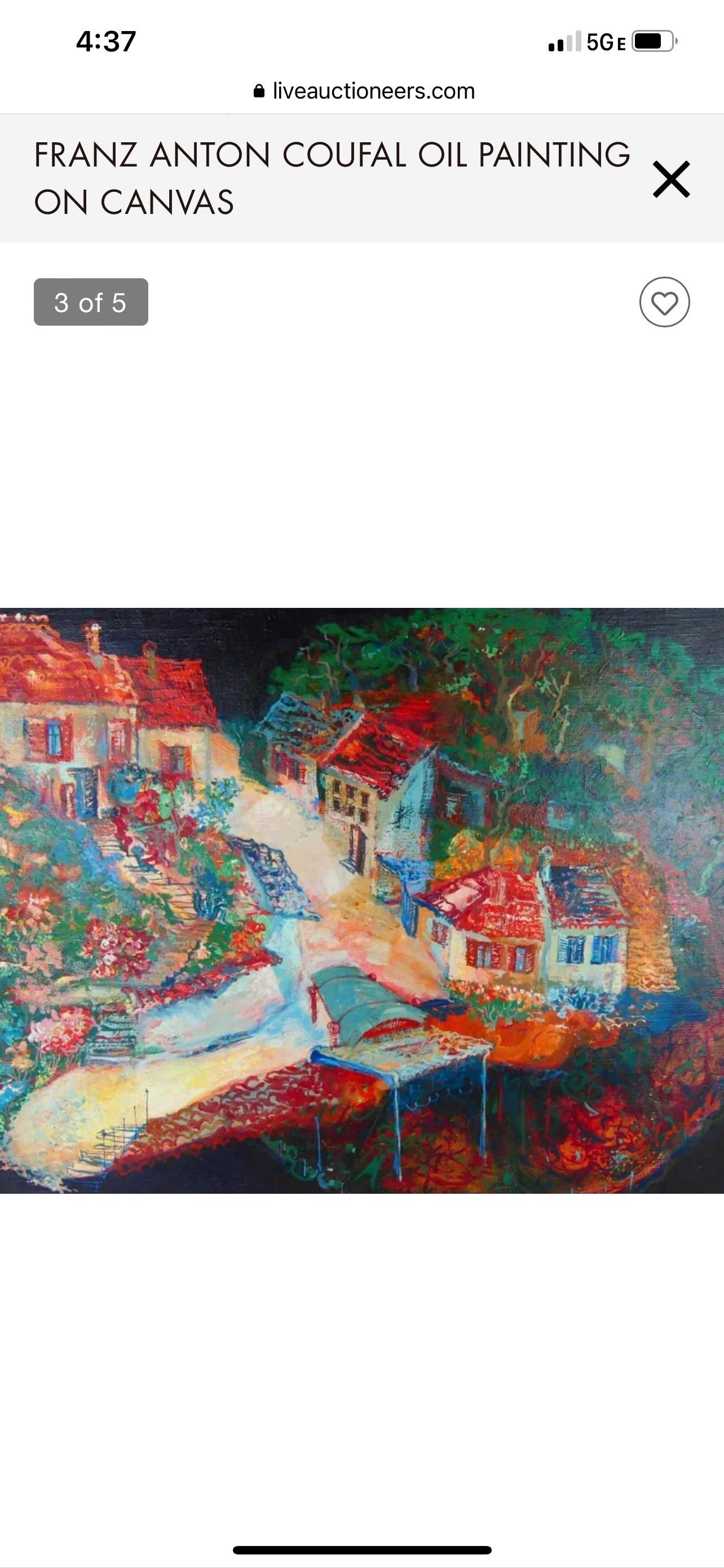 Pittura ad olio austriaca magica e realista Scena di paesaggio di villaggio vibrante Franz Coufal in vendita 6