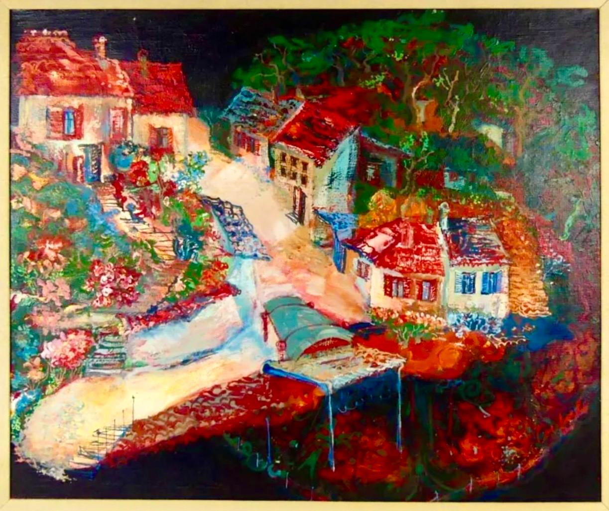 Pittura ad olio austriaca magica e realista Scena di paesaggio di villaggio vibrante Franz Coufal - Painting di Franz Anton Coufal