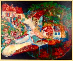 Austrian Magic Realist Oil Painting Vibrant Village Landscape Scene Franz Coufal