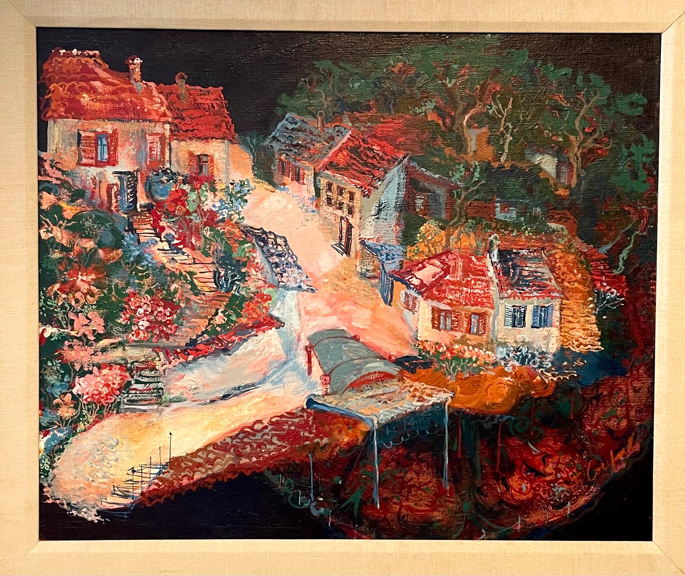 Pittura ad olio austriaca magica e realista Scena di paesaggio di villaggio vibrante Franz Coufal - Painting Moderno di Franz Anton Coufal