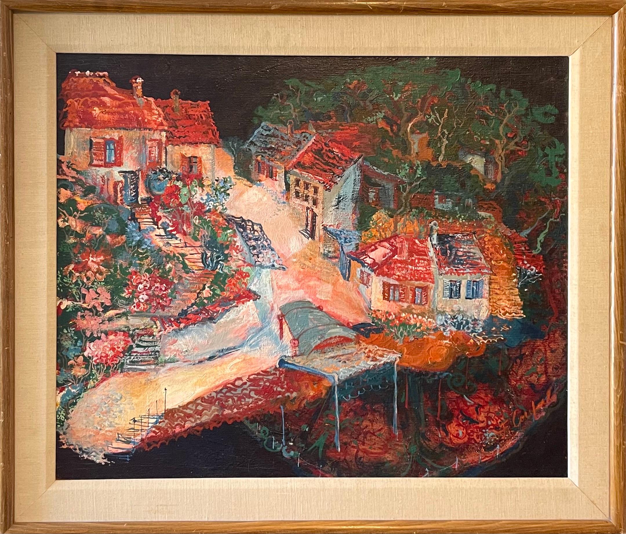 Pittura ad olio austriaca magica e realista Scena di paesaggio di villaggio vibrante Franz Coufal - Landscape Painting Beige di Franz Anton Coufal