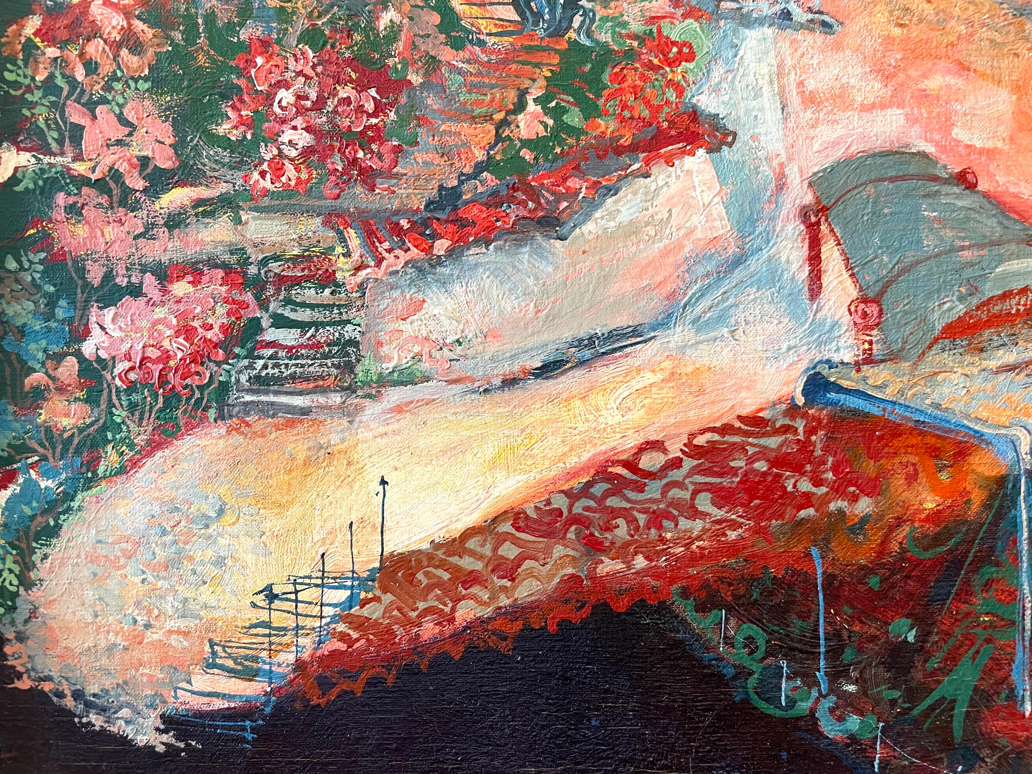 Pittura ad olio austriaca magica e realista Scena di paesaggio di villaggio vibrante Franz Coufal in vendita 1