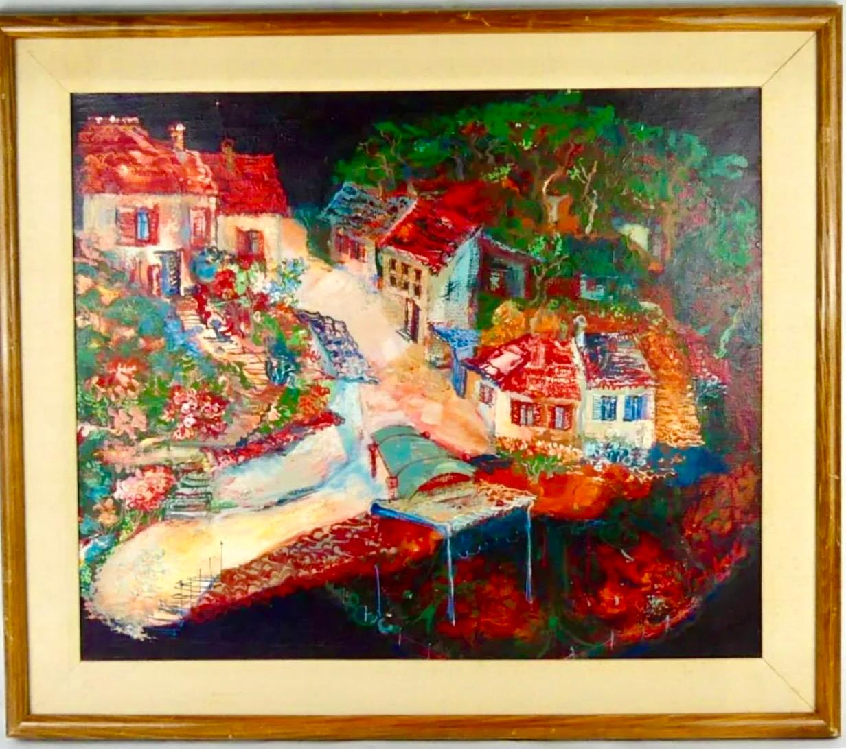 Austrian Magic Realist Oil Painting Vibrant Village Landscape Scene Franz Coufal