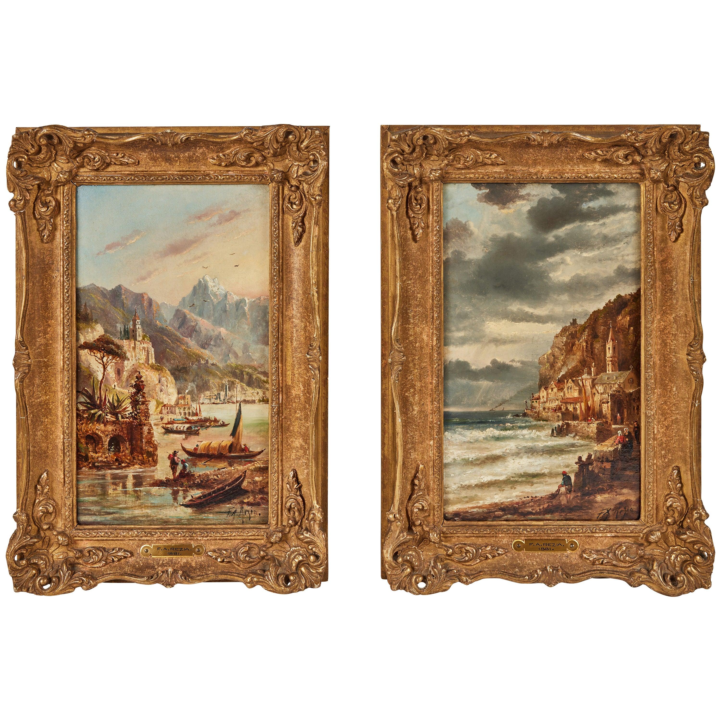 A beautifully painted, mated pair of signed 19th century, oil-on-board, Italian, atmospheric, Capriccio seascapes by listed artist, Franz Auguste Rezia  (1857-1906). Each held in period frames inset with engraved, brass plaques with artist name and