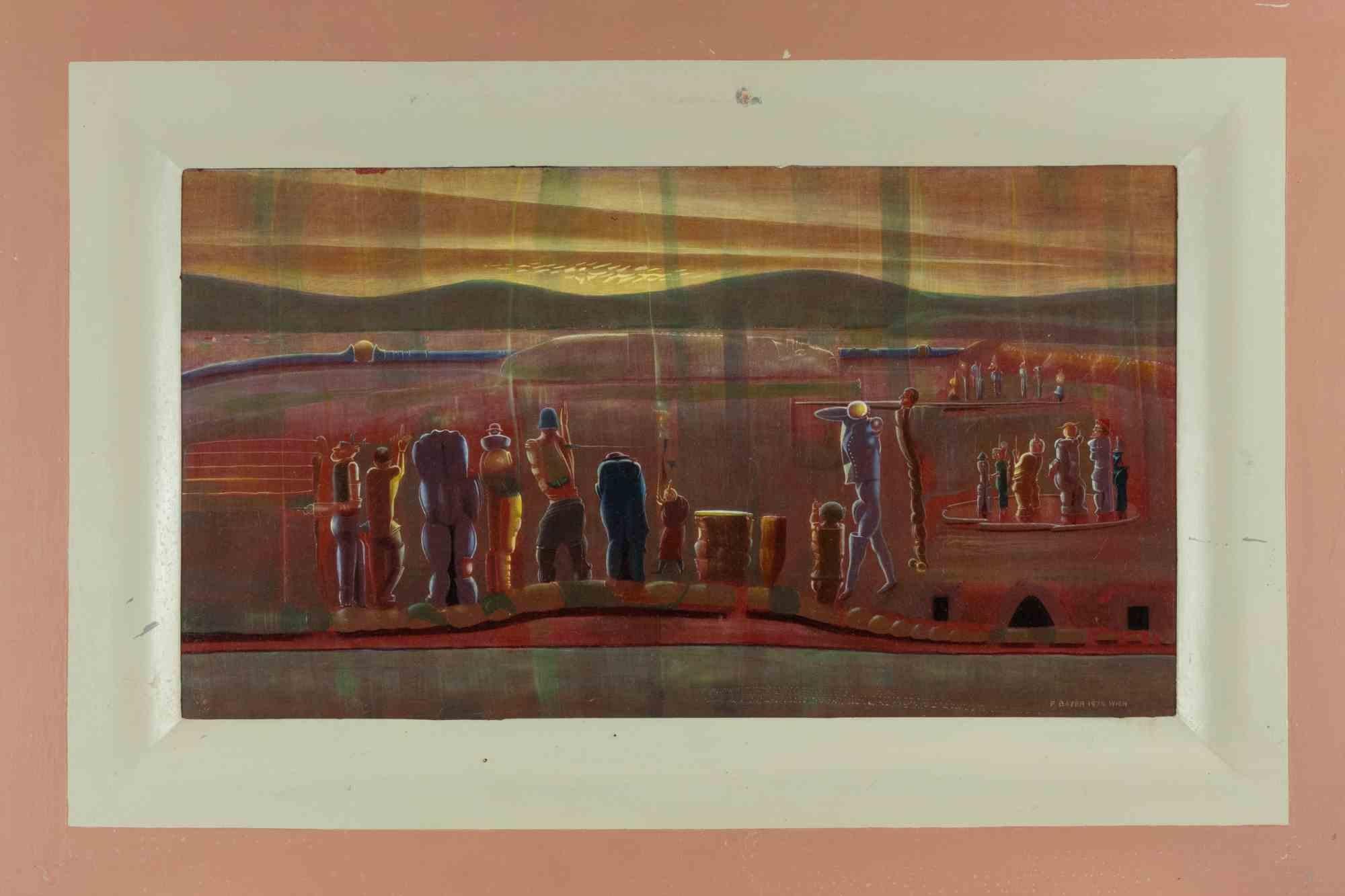 Paysage fantastique - Peinture à l
huile de Franz Bayer - 1975