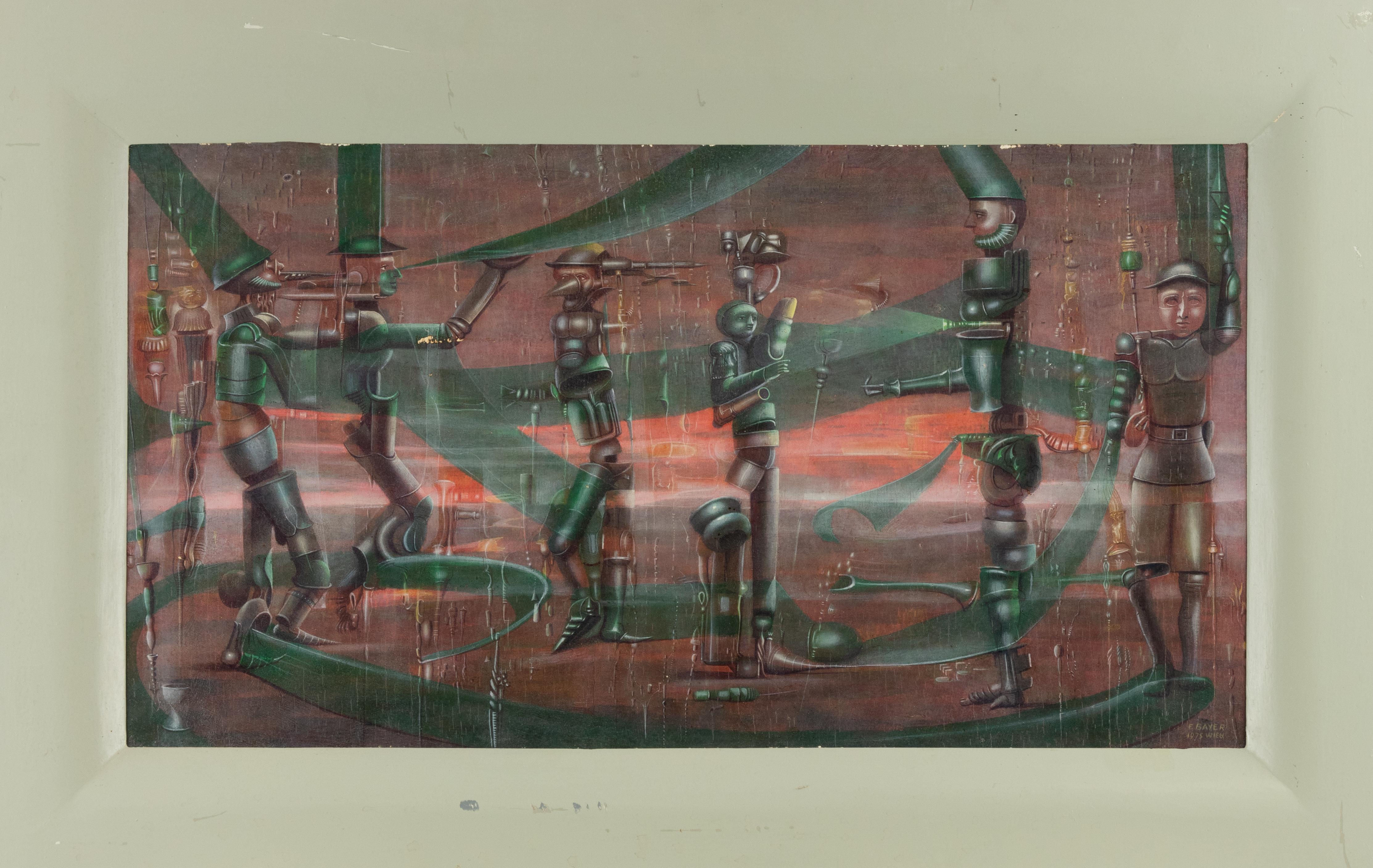 Huile sur panneau réalisée par Franz Bayer (1932) en 1975.

Signé à la main et daté en bas à droite.

Bon état, avec des signes mineurs du temps.

