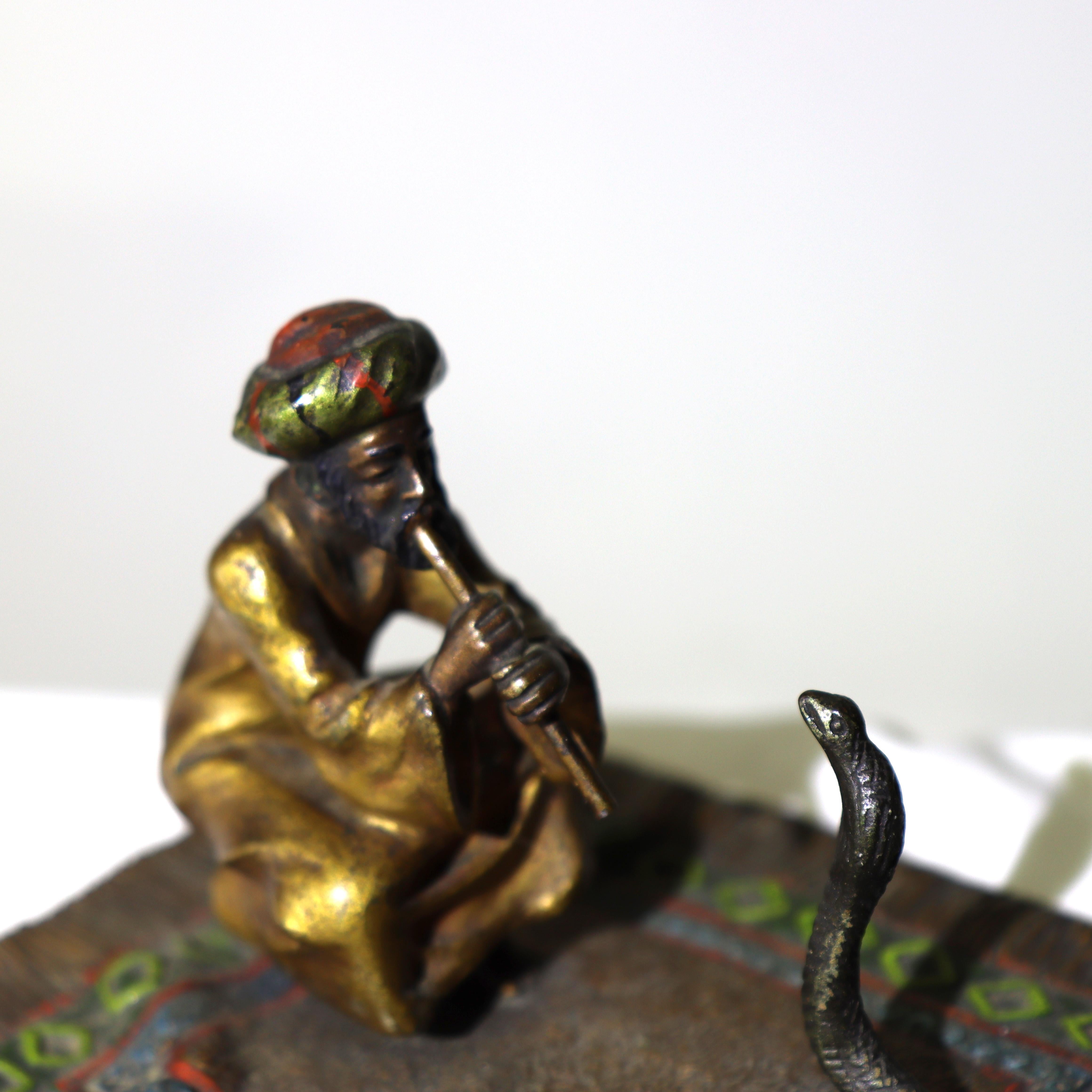 Franz Bergman Cold Painted Bronze Figure Of Snake Charmer Unsigned C1910.  
Measures - 2 1/2