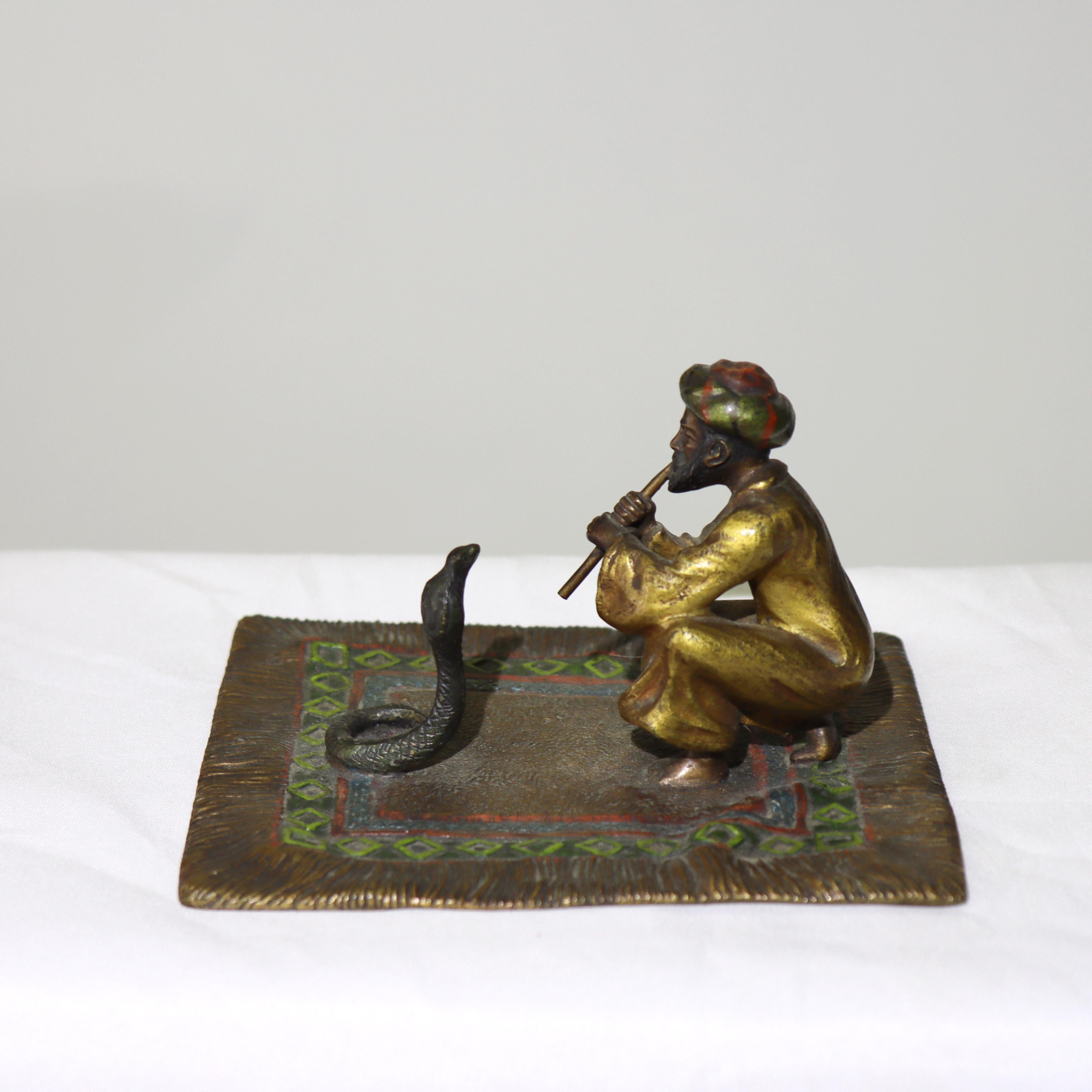 Franz Bergman Cold Painted Bronze Figure Of Snake Charmer Unsigned C1910 In Good Condition For Sale In Big Flats, NY