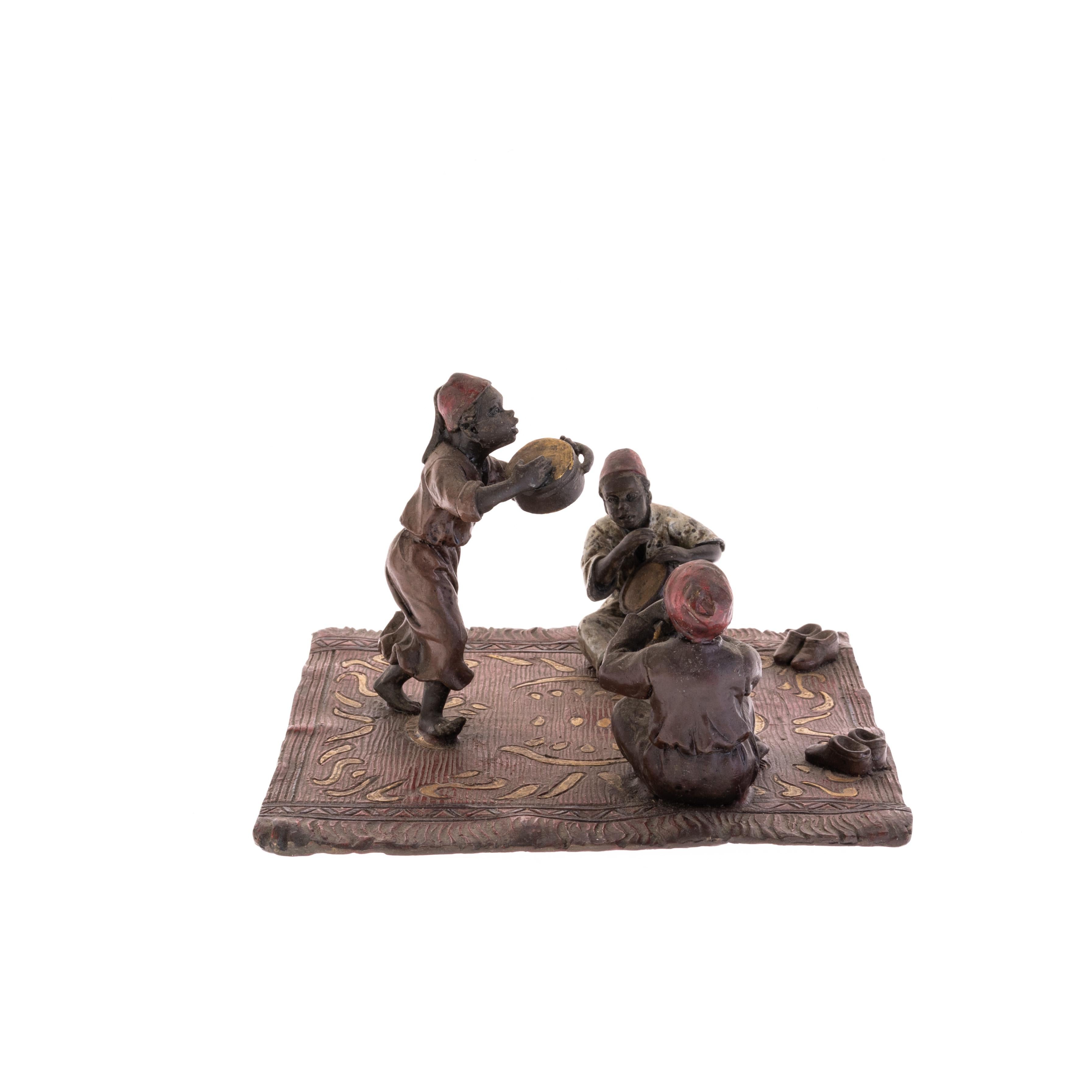 Franz Bergman (Austrian, 1861-1936) Cold Painted Viennese Bronze Sculpture, with Bergman foundry impressed Bergman hallmark mark to base, along with NAM GRAB (BERGMAN in reverse). Arab musicians on carpet.

Franz Xaver Bergman (1861–1936) was an