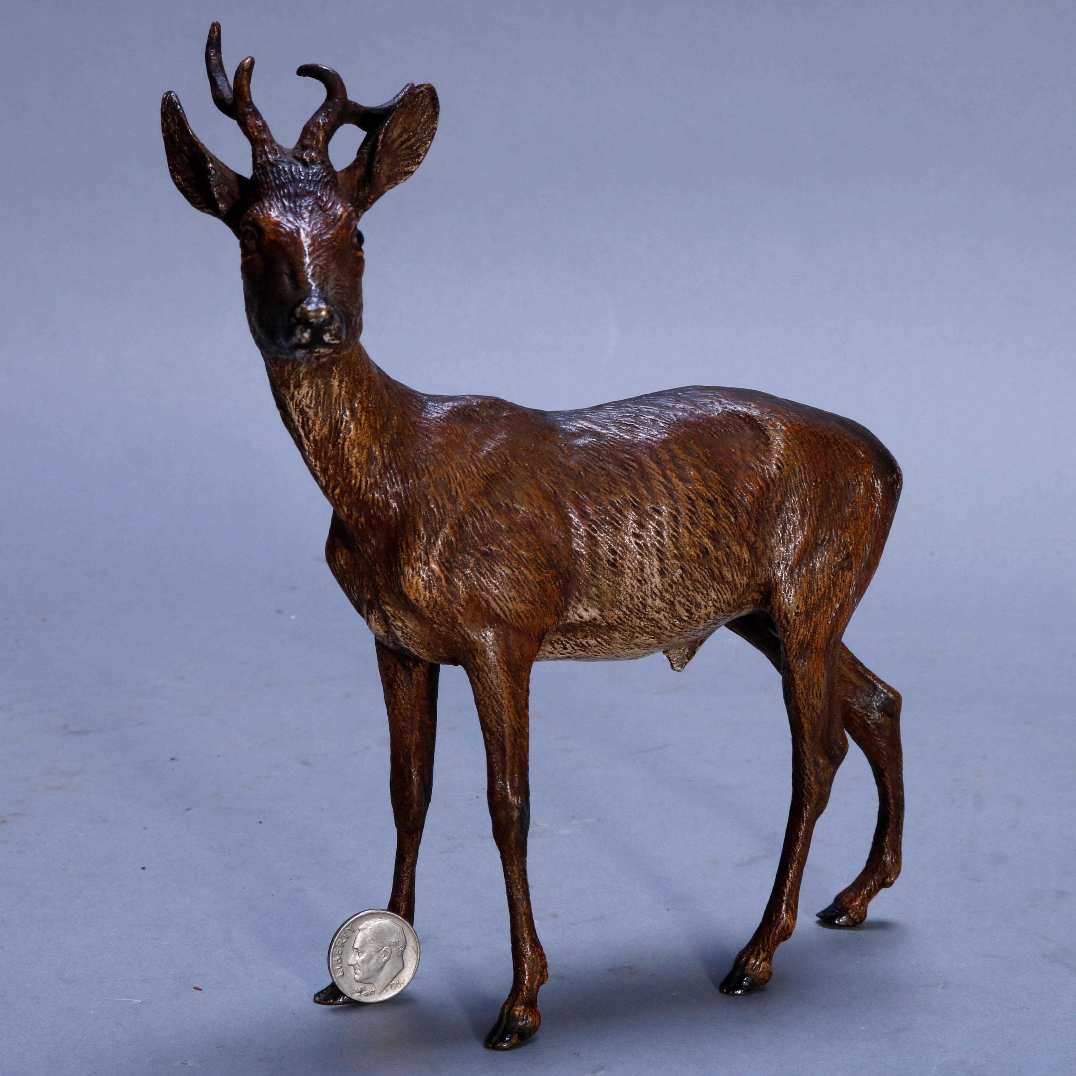 An antique and large Vienna Austrian cold painted bronze figure in the manner of Franz Bergmann depicts stag, buck or antlered deer, circa 1850.

Measures: 7