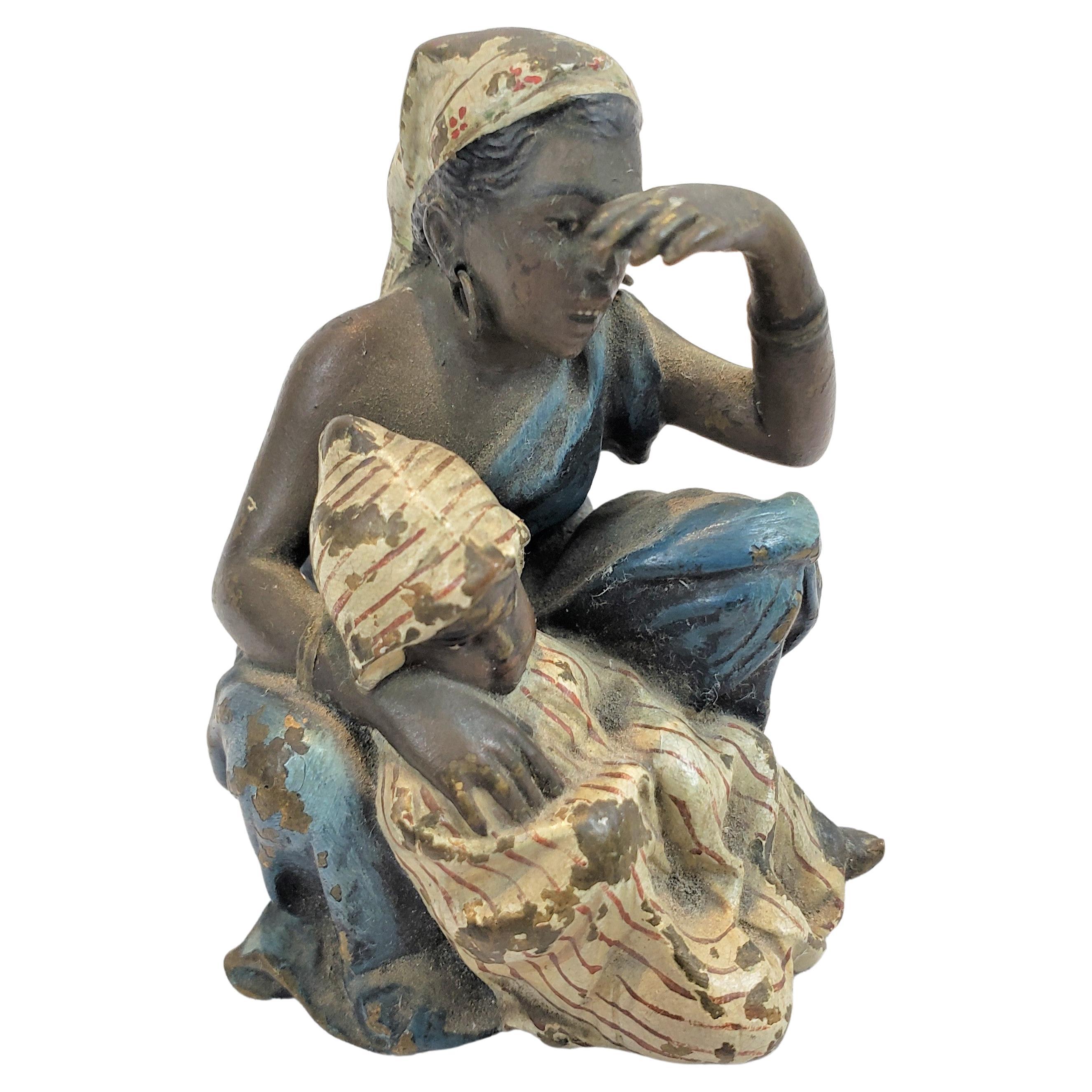 Franz Bergman Signed Antique Bronze Sculpture of a Seated Arab Mother & Child For Sale