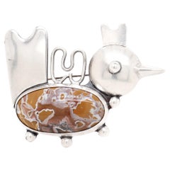 Franz Bergmann Modernist Sterling Silver & Jasper Cabochon Figural Bird Brooch