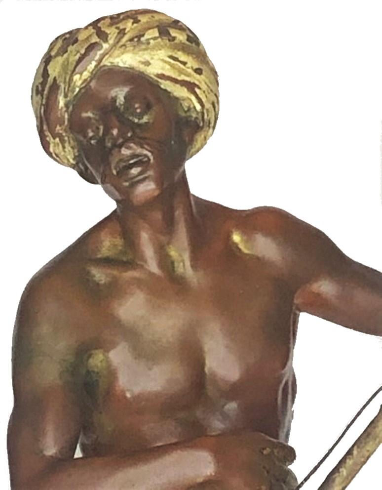 Artist: Franz Xaver Bergmann 

Sculpture: Nubian Banjira Player

Description: This wonderful life-like sculpture depicts a Nubian musician playing Banjira. It is created in polychrome cold-painted bronze, and rendered in the best traditions of