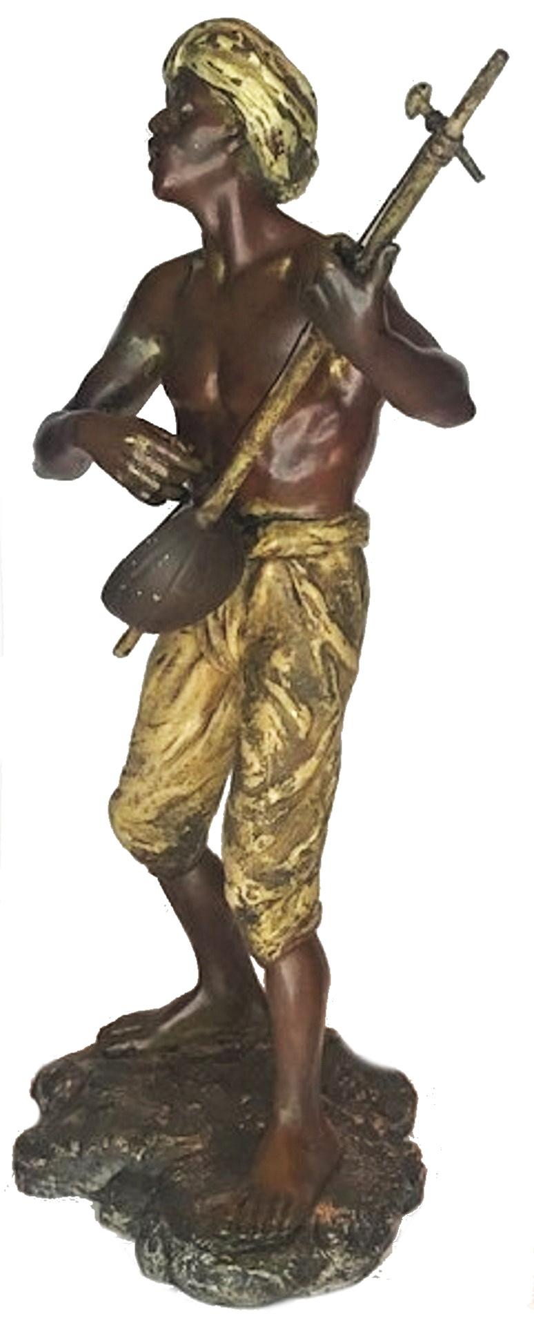 Jugendstil Franz Bergmann, Nubian Banjira Player, Vienna Bronze Sculpture, Ca. 1900 For Sale