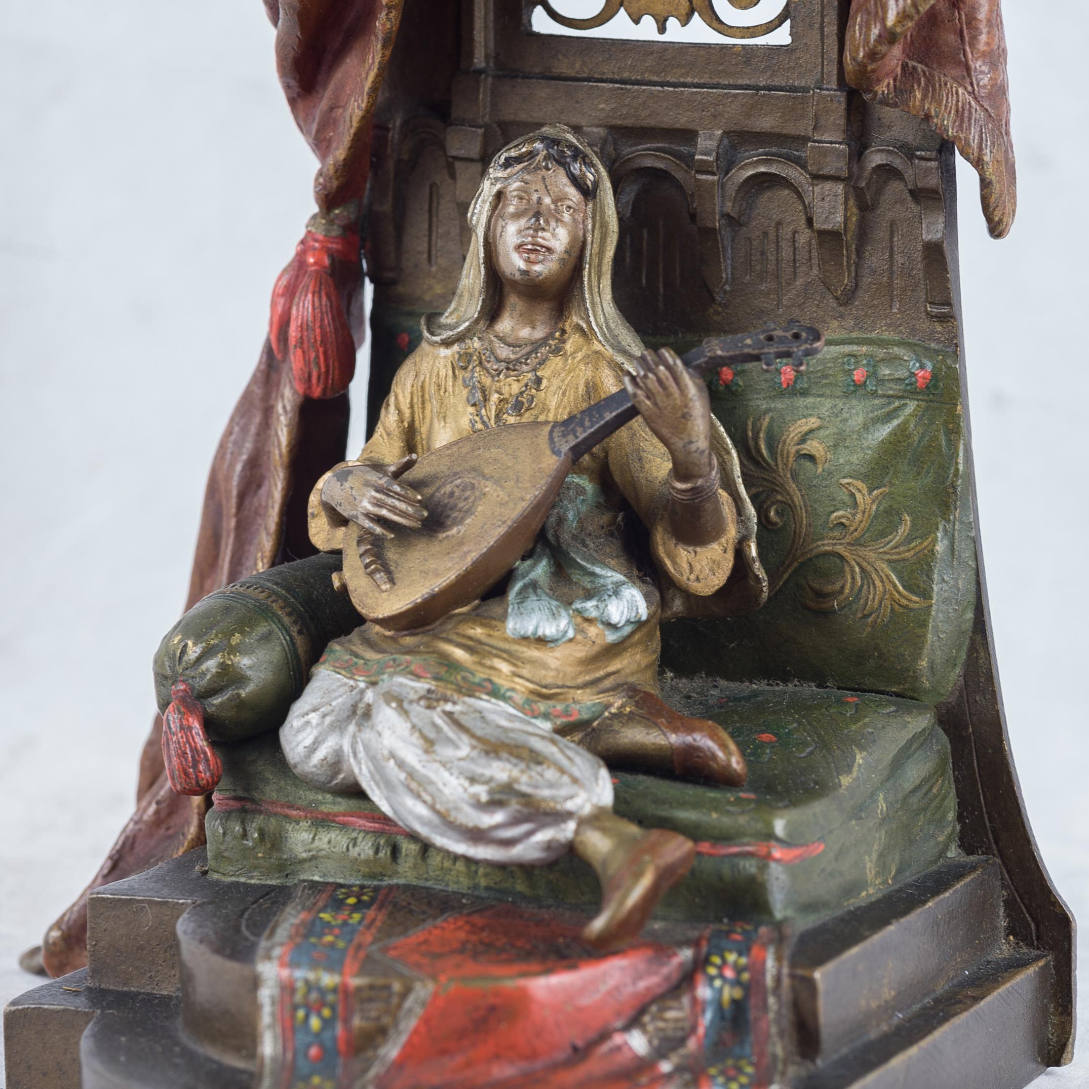 FRANZ BERGMANN
Austrian, (1861-1936)

Playing the Mandolin       

Cold-painted Austrian Bronze Lamp and Sculpture of a Woman playing the Mandolin.

15 inches high



Franz Bergman (1861-1936)    