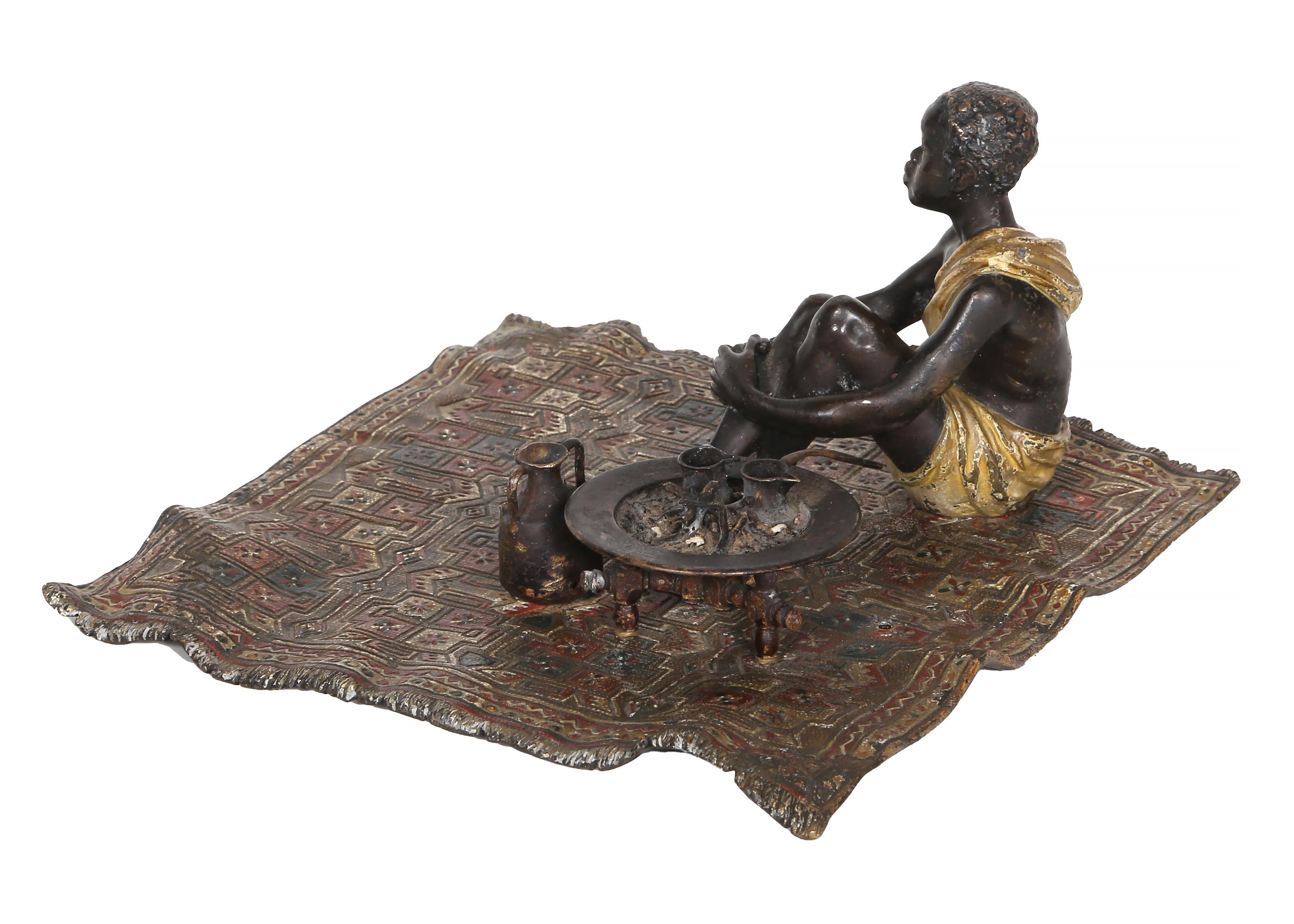 Boy on Persian Rug, Orientalist Bronze Sculpture by Franz Bergmann For Sale 9