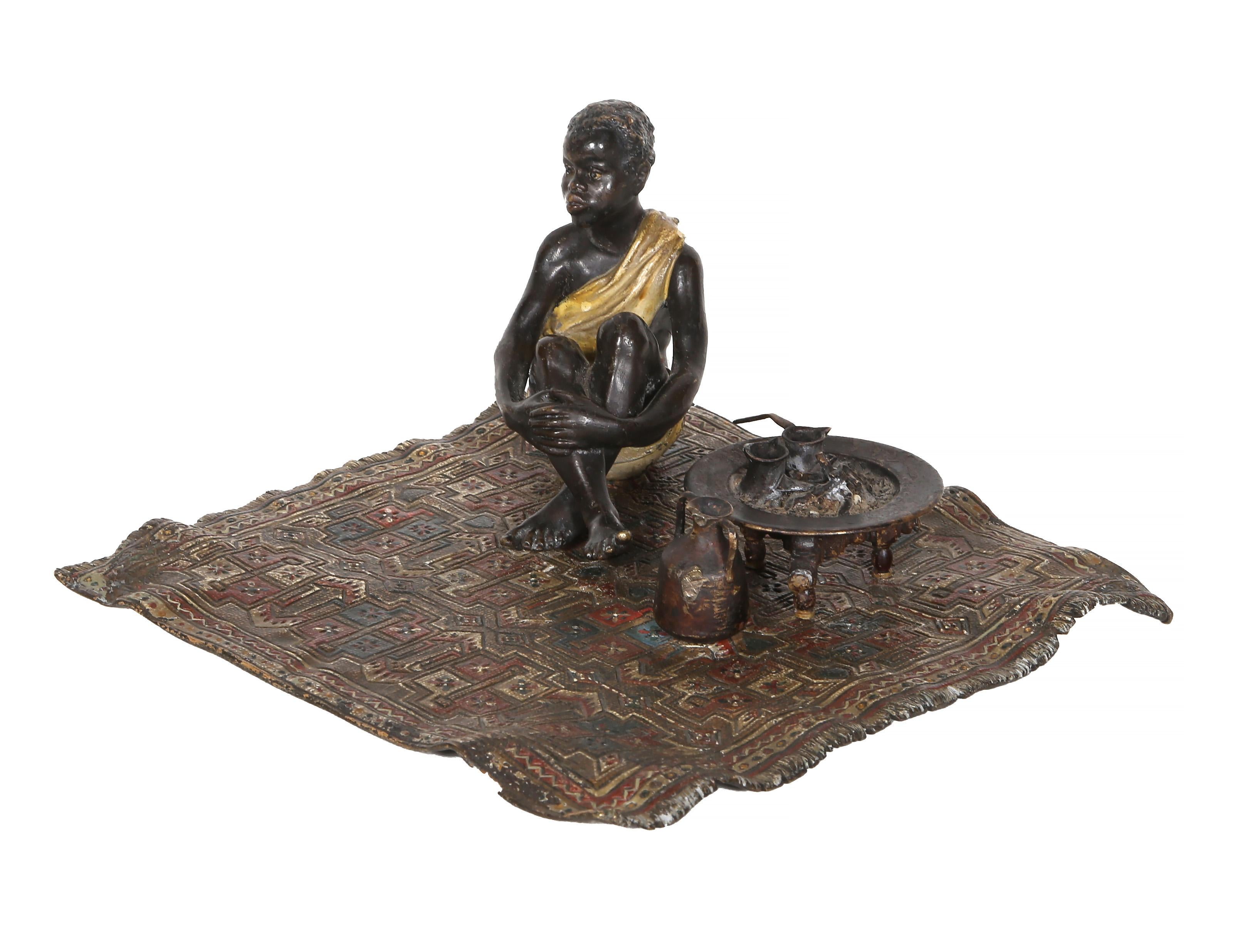 Boy on Persian Rug, Orientalist Bronze Sculpture by Franz Bergmann For Sale 10