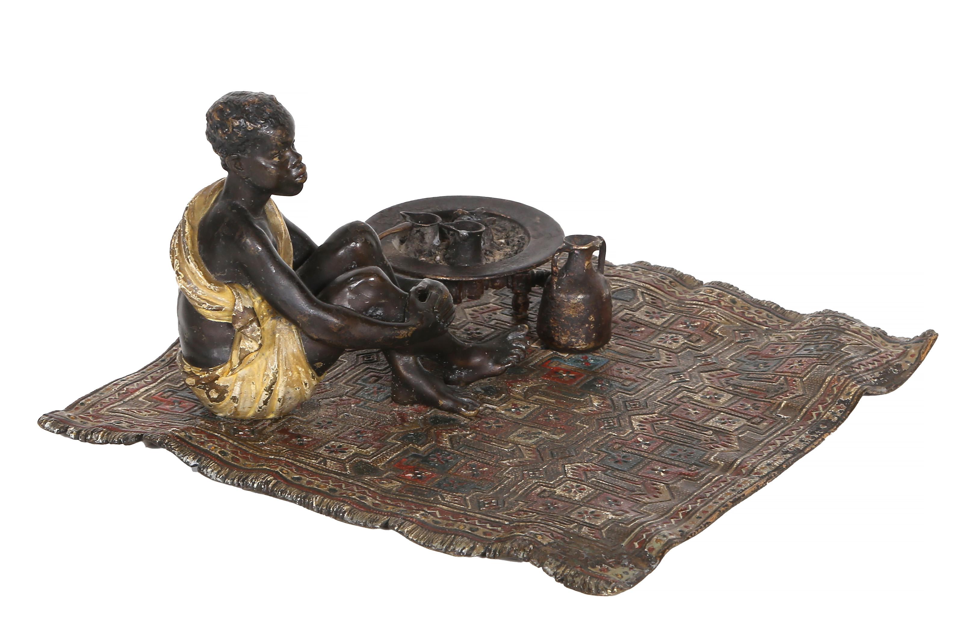 Boy on Persian Rug, Orientalist Bronze Sculpture by Franz Bergmann For Sale 5