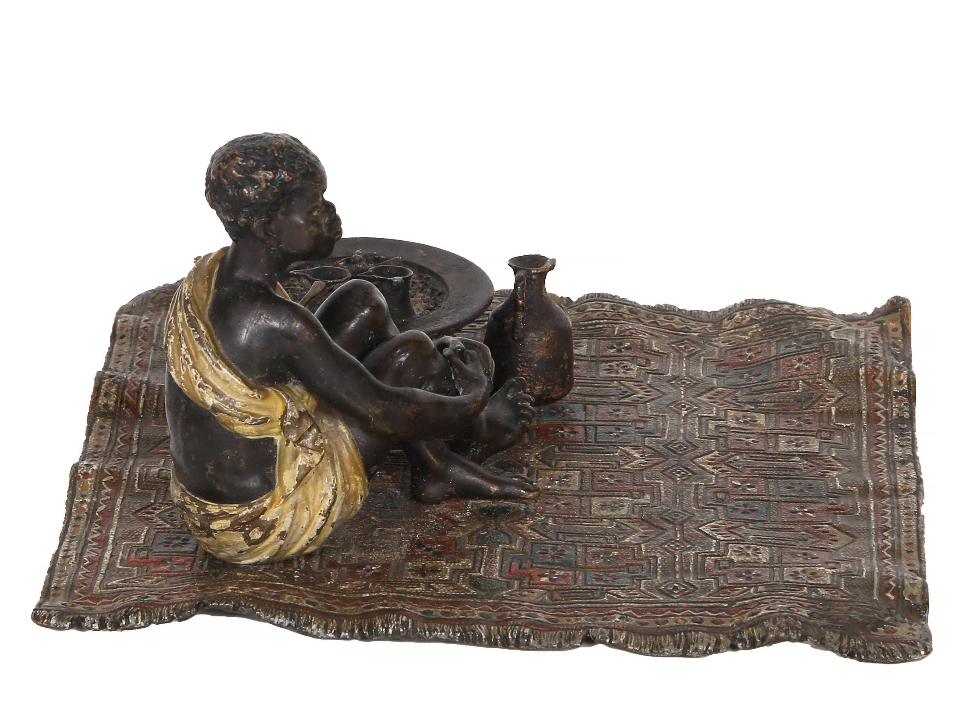Boy on Persian Rug, Orientalist Bronze Sculpture by Franz Bergmann For Sale 6