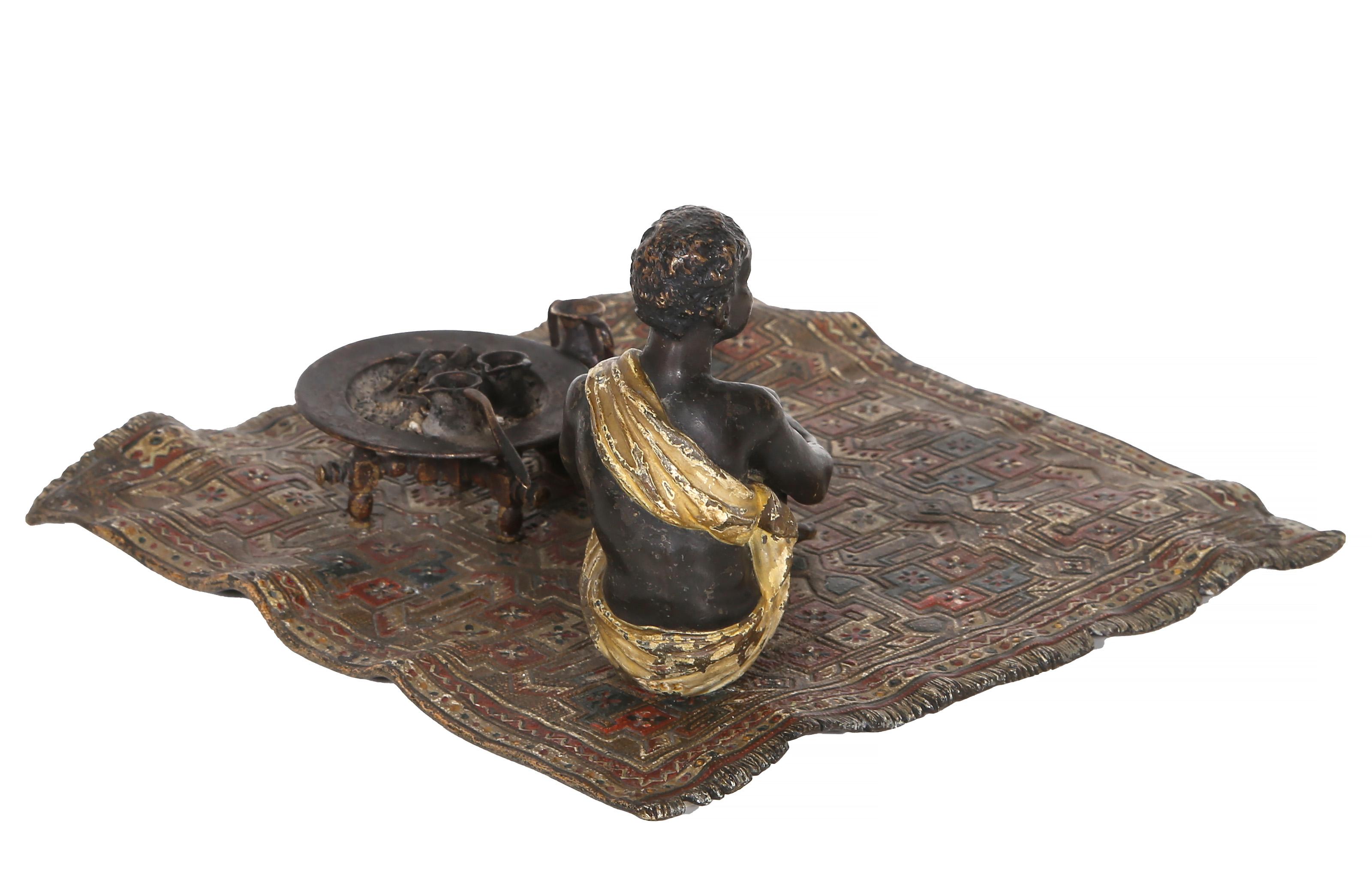 Boy on Persian Rug, Orientalist Bronze Sculpture by Franz Bergmann For Sale 7