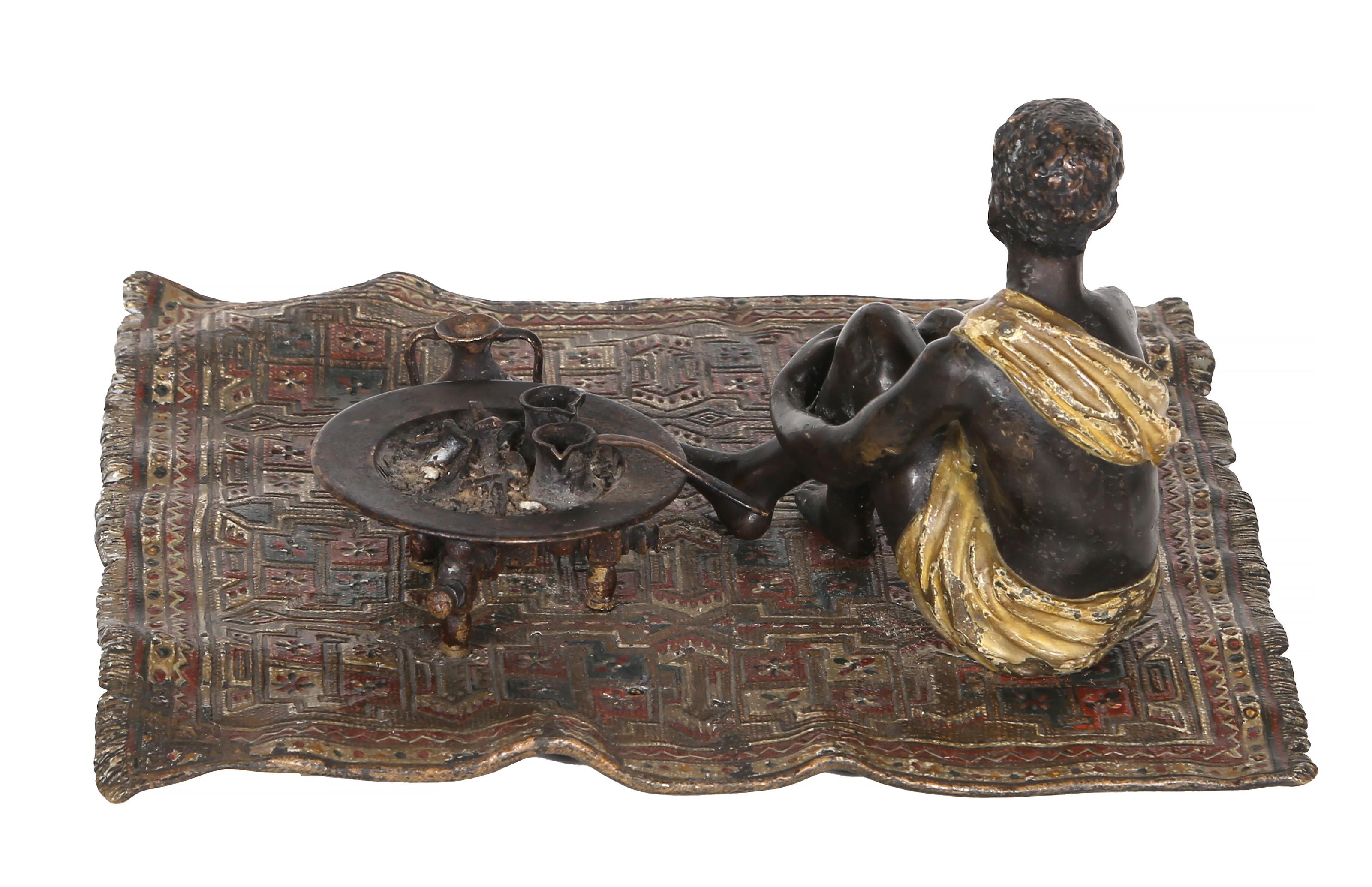 Boy on Persian Rug, Orientalist Bronze Sculpture by Franz Bergmann For Sale 8