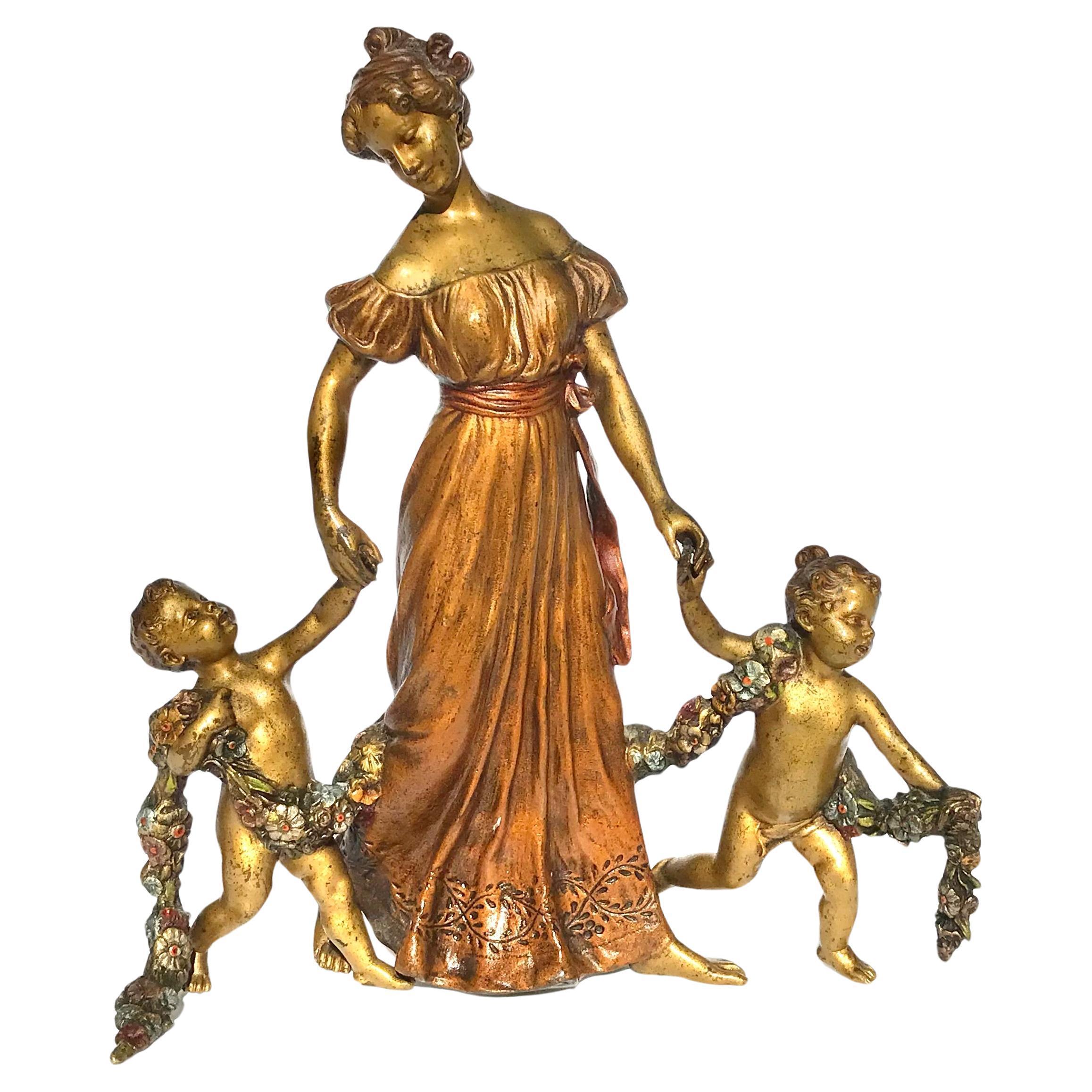 Figurative Sculpture di Franz Bergmann - Franz Bergman Madre e figli in bronzo