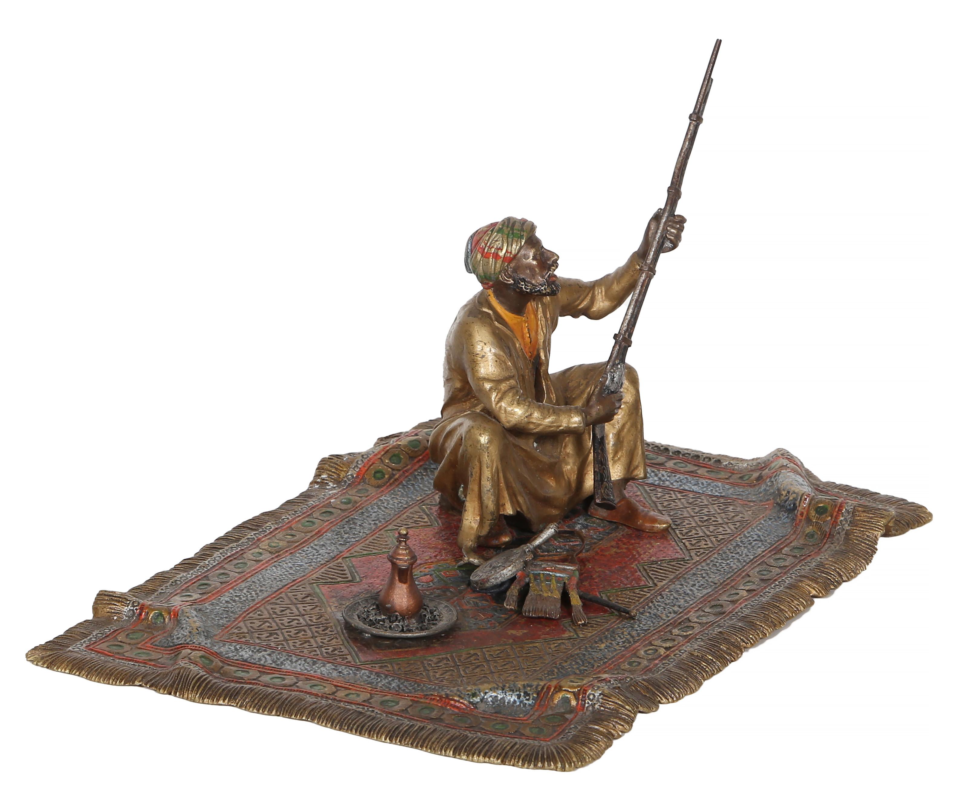 Man on Persian Rug, Orientalist Bronze Sculpture by Franz Bergmann For Sale 3