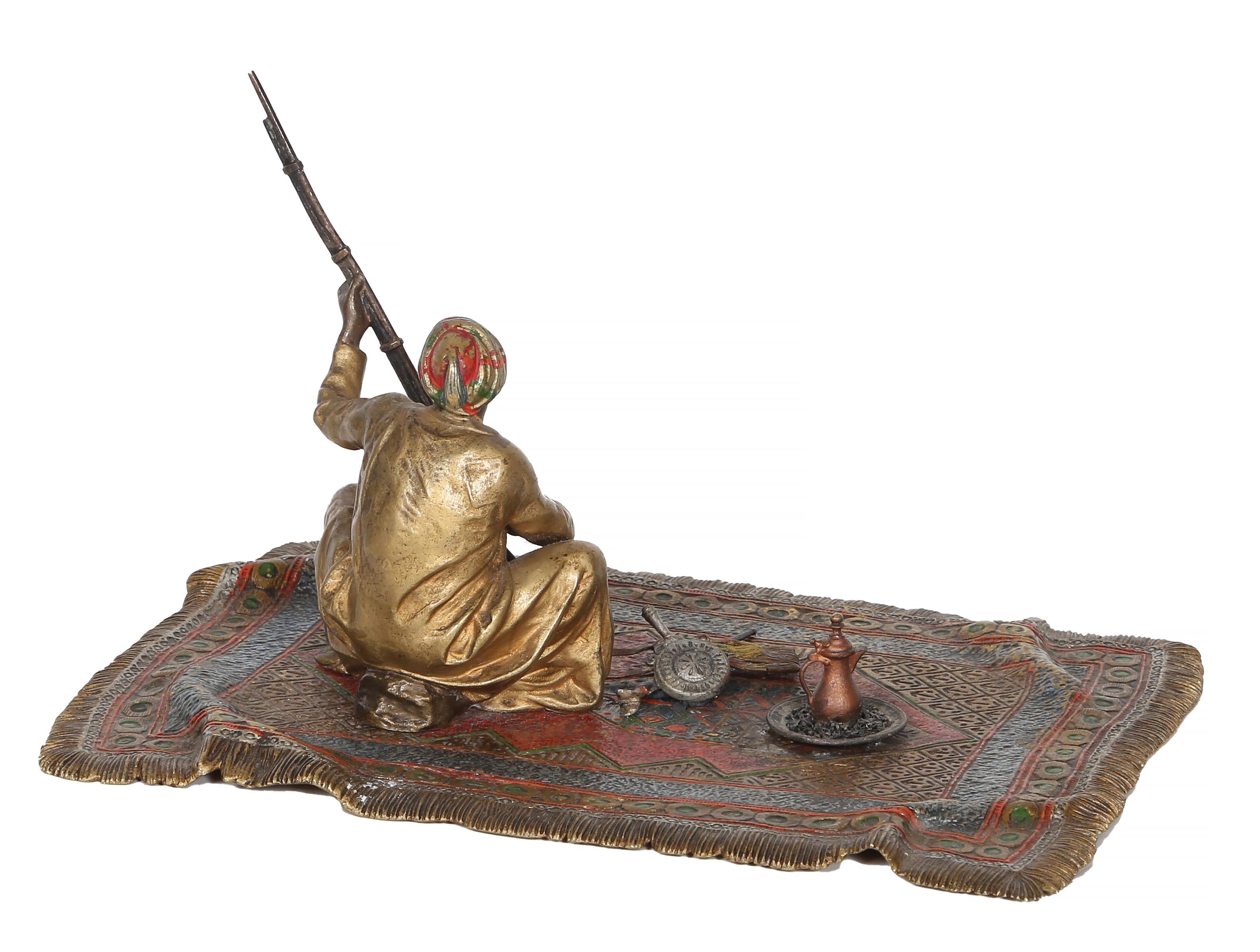 Man on Persian Rug, Orientalist Bronze Sculpture by Franz Bergmann For Sale 5