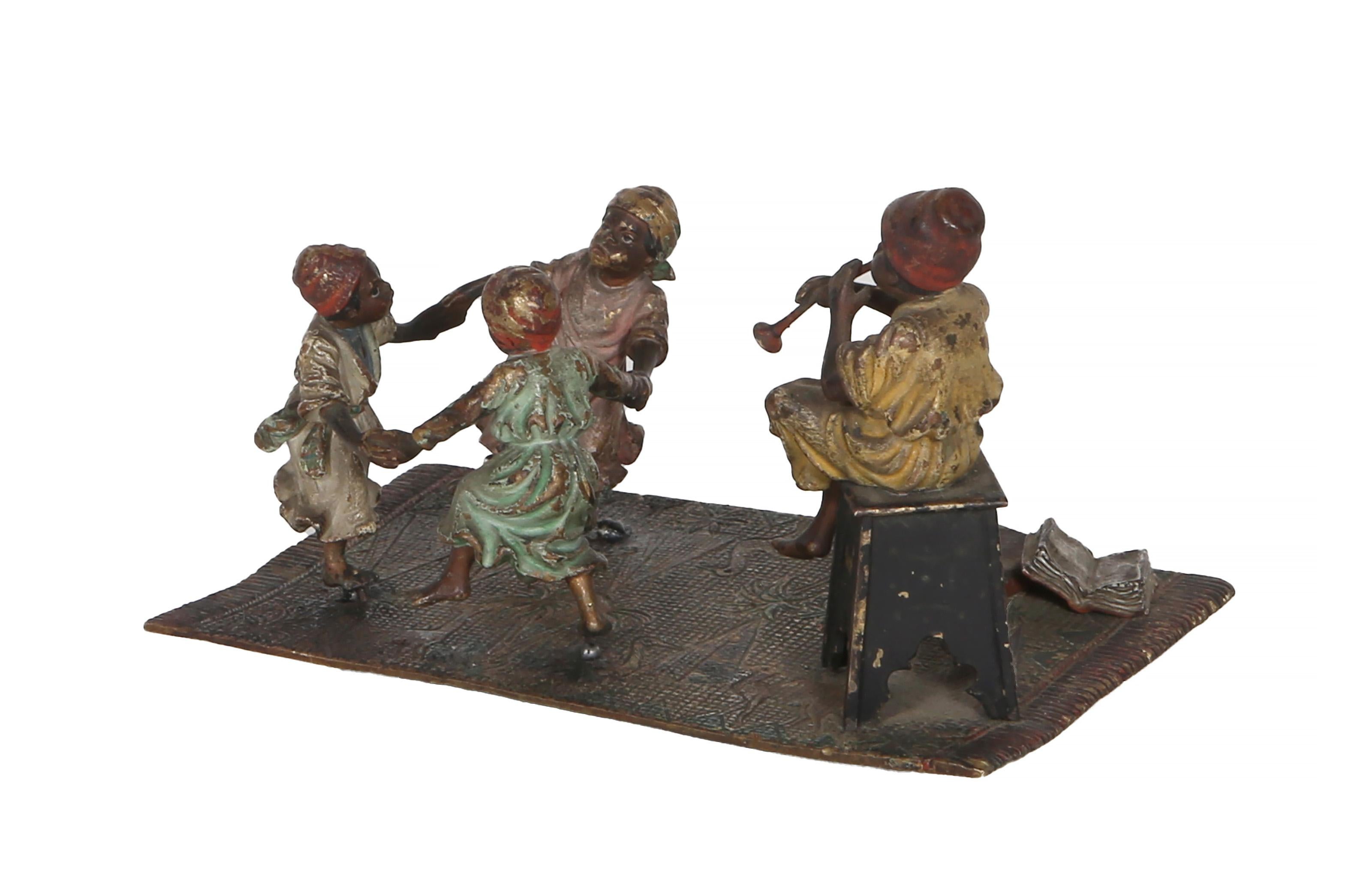 Piper and Dancers, Orientalist Bronze Sculpture by Franz Bergmann For Sale 3