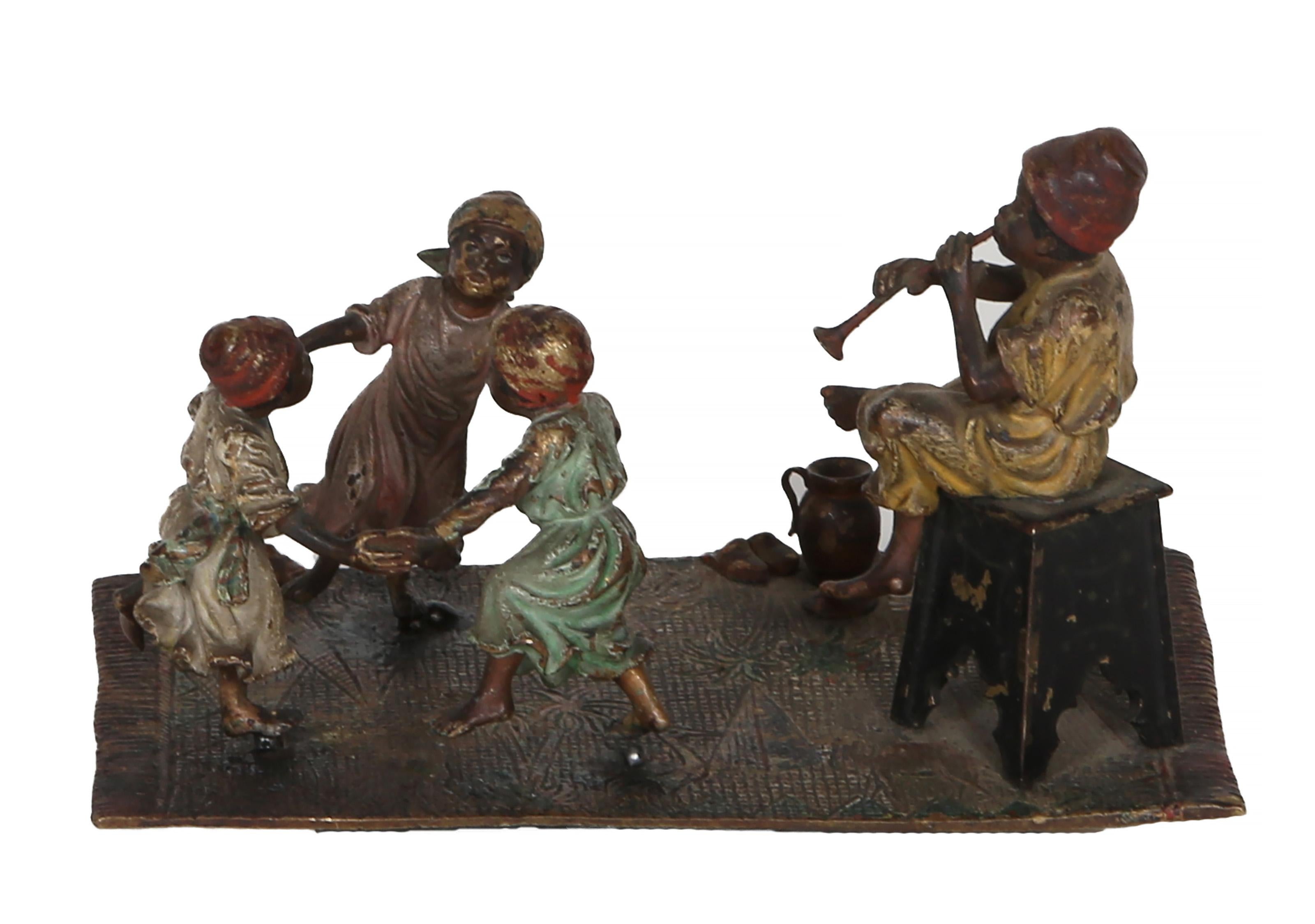 Piper and Dancers, Orientalist Bronze Sculpture by Franz Bergmann For Sale 4