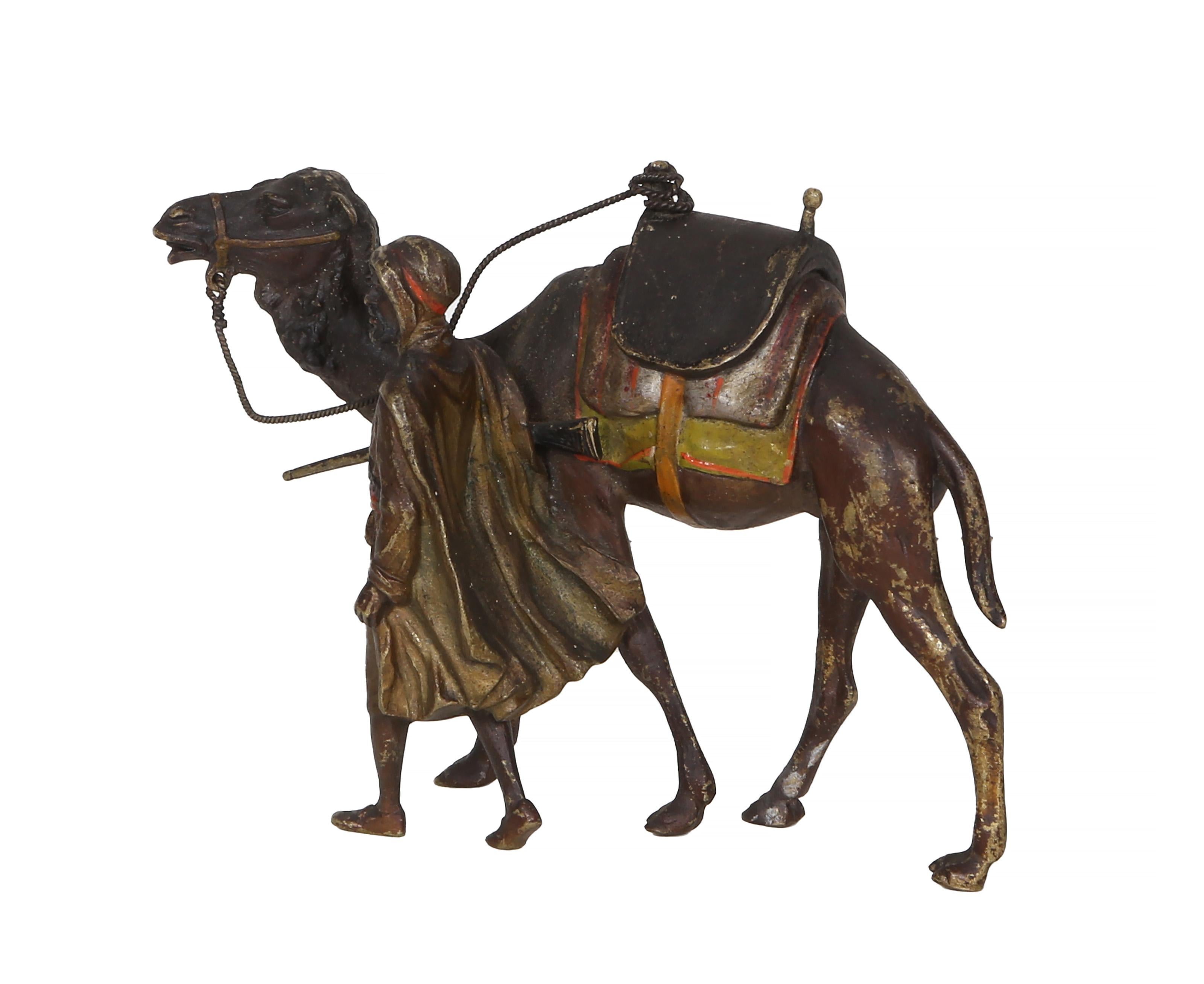 Traveler with Camel, Orientalist Bronze Sculpture by Franz Bergmann For Sale 1