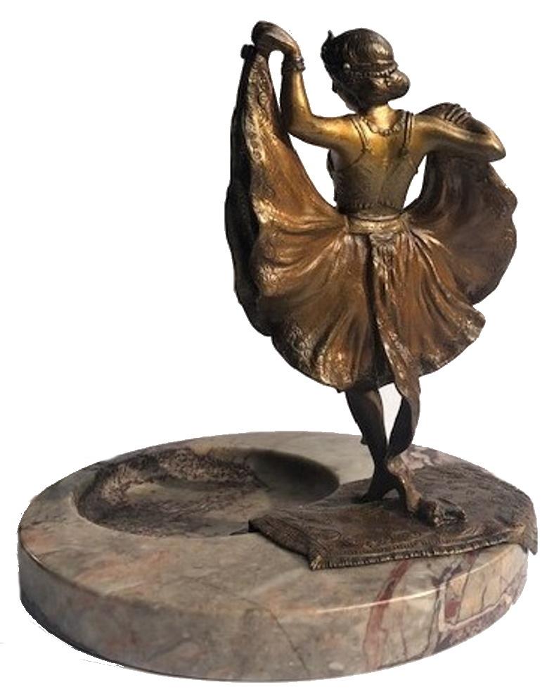 Dimensions:
Height (w/ skirt down): 6.75 inches (17cm).
Height (w/ skirt up): 8.5 inches (21.25 cm).
Diameter of marble base: 6.25 inches (15.63 cm).

Rendered in the best Art Nouveau traditions of the world-famous Viennese foundry of Franz