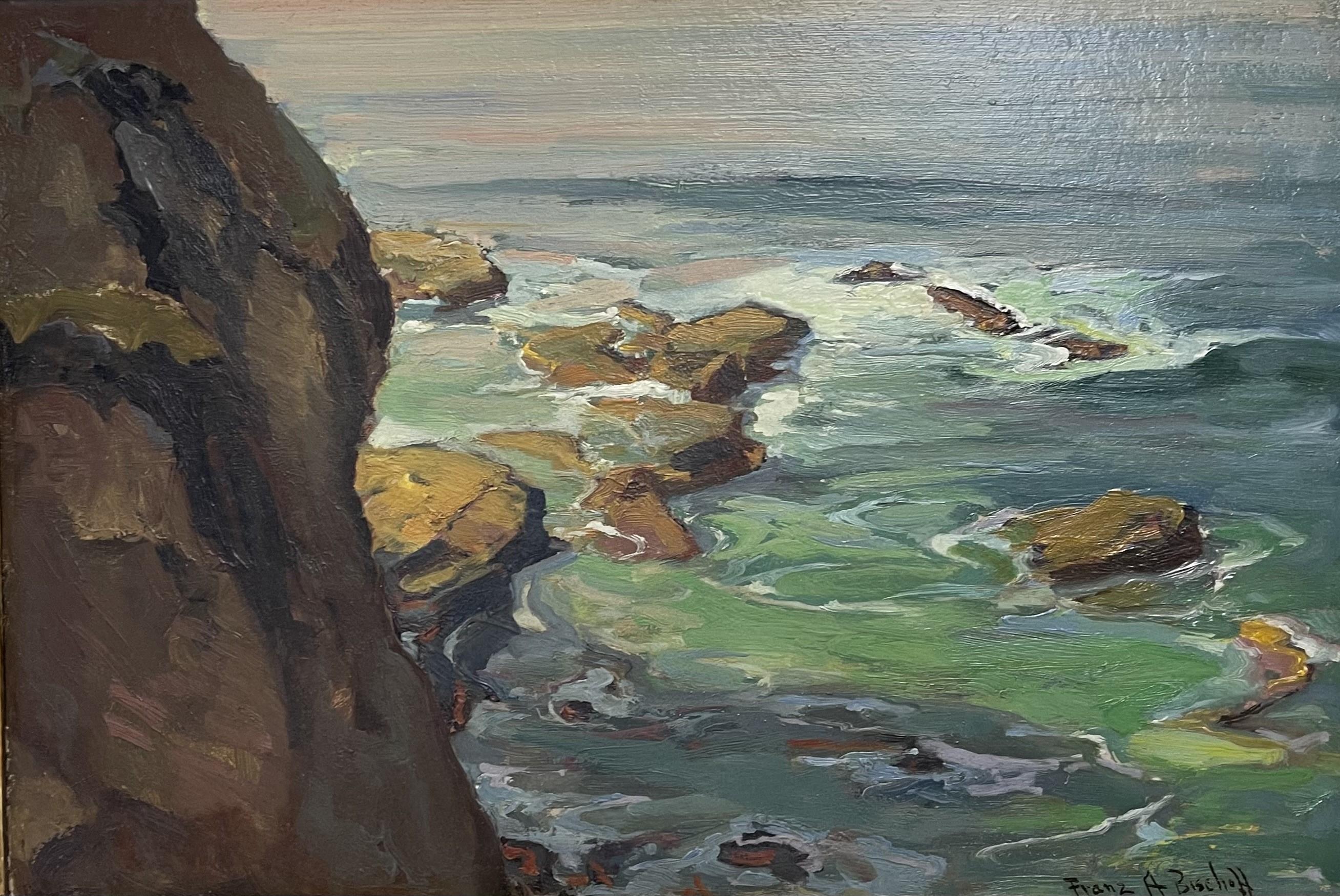 California Impressionist Oil Painting Franz A. Bischoff Laguna Seascape - Gray Landscape Painting by Franz Bischoff