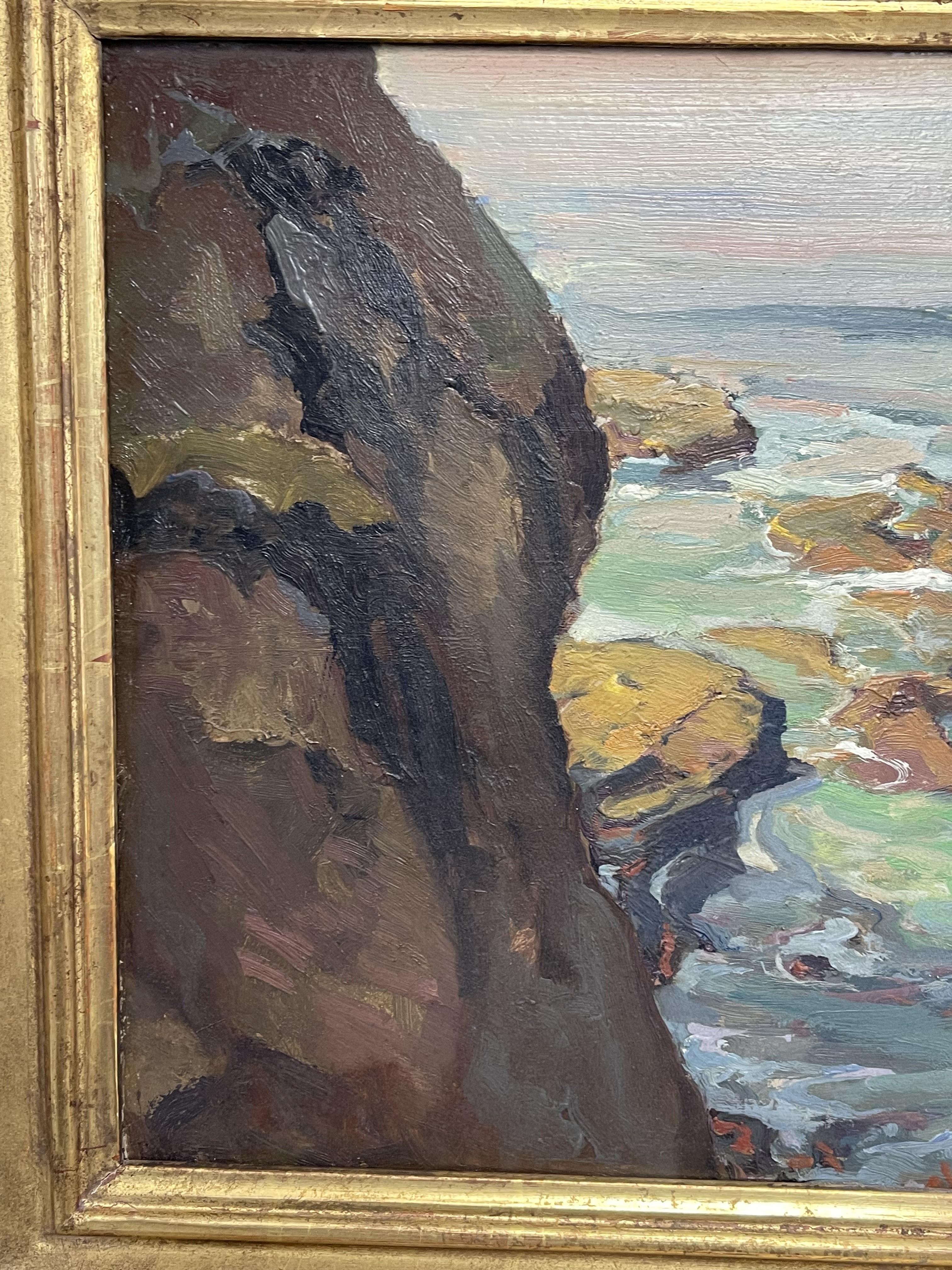 Franz Arthur Bischoff seascape
Laguna Tide Pools
oil/board
13 x 19 unframed, 19.5 x 25.5 framed sight size
Provenance Private collection, Northern California, Bonhams
Condition report:
Under UV light, there are two small areas of aged retouch, touch