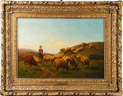 Antique Large 19th Century Belgian Sheep Luminous Landscape Oil Painting