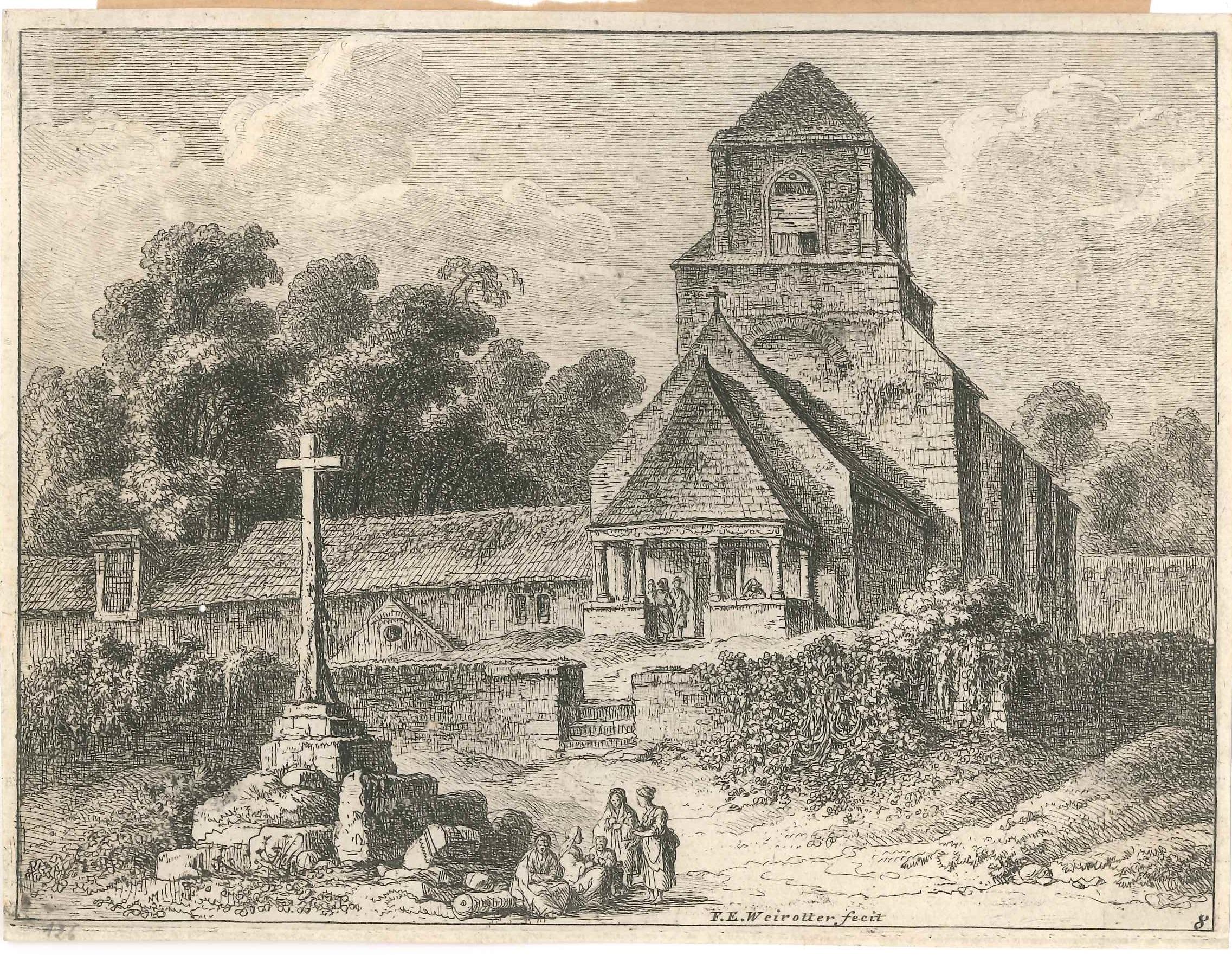 Franz Edmund Weirotter Landscape Print - Old Church - Original Etching by F.E. Weirotter - Half of 1700